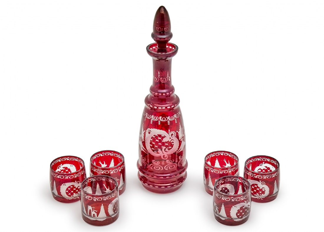 Antique Bohemian Decanter with Matching Stopper and Six Matching Glasses: Antique Bohemian Decanter with Matching Stopper and Six Matching Glasses, minor defects Height of the decanter: 36 cm Height of the glass: 6.5 cm Notice: We are located in Israel and provide full