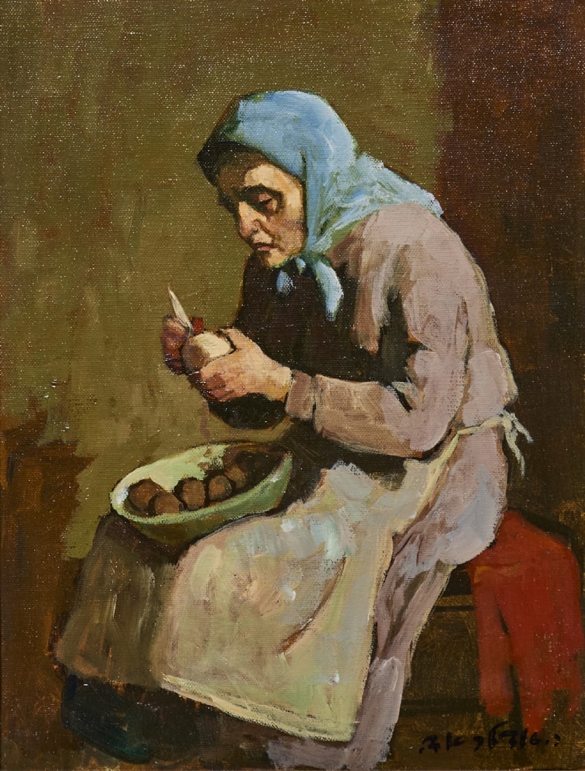 Ed Adler (1917-1984), Woman Peeling Potatoes, Oil on Canvas, Signed (1 of 3)