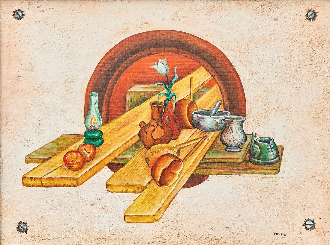 Reviva Yoffe - 'Still Life with Planks', Oil on Canvas, Signed: Reviva Yoffe - 'Still Life with Planks', Oil on Canvas, Signed, dimensions: 30X40 cm Frame dimensions: 54X64 cm Notice: We are located in Israel and provide full packing and shipping service. You can 