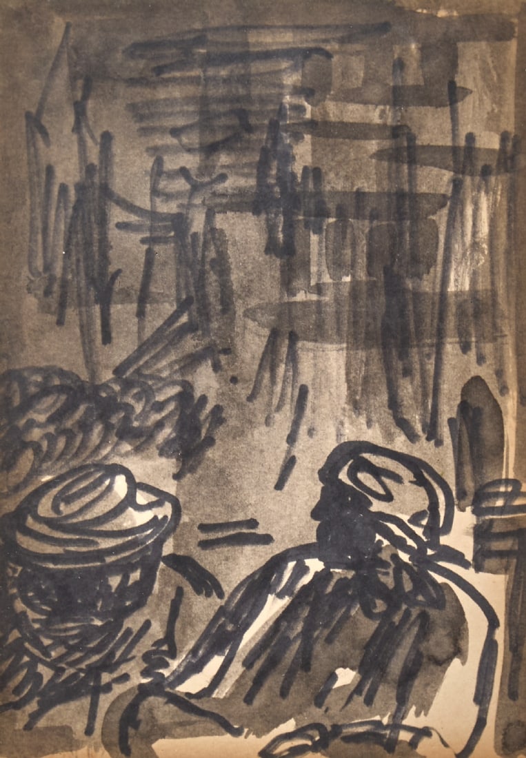 David Hendler - 'Two Figures on a Bench, ' Marker and Watercolor on Paper, Unsigned (1 of 3)