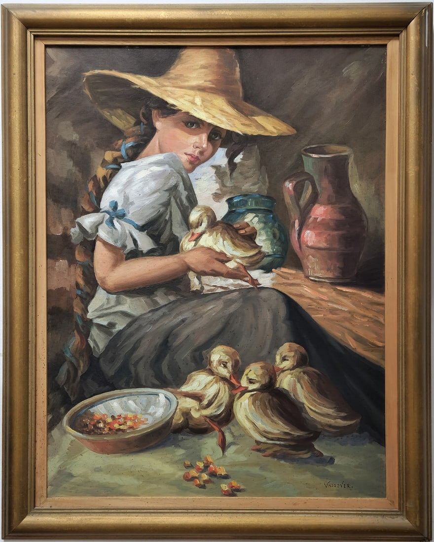 Jacob Vassover - 'Girl with Ducks, ' Oil on Canvas, Signed: Jacob Vassover - 'Girl with Ducks, ' Oil on Canvas, Signed, painting dimensions: 79X59 cm Frame dimensions: 95X75 cm Notice: We are located in Israel and provide full packing and shipping service. You