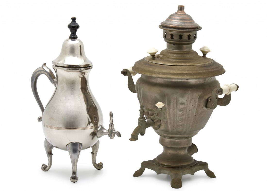 Two vintage samovars: a charcoal samovar and a beverage-serving samovar, nickel-plated metal (1 of 2)