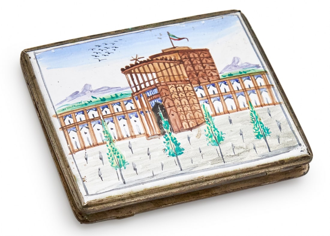 Antique Persian Cigarette Box with Enamel Coating and Hand-Painted Architectural Decoration (1 of 3)