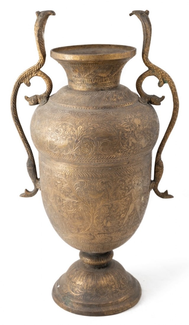 Antique Kashmiri Indian Brass Vase: Antique Kashmiri Indian Brass Vase, decorated with hand engraving and handles in a cobra snake pattern Total width: 23 cm Height: 42 cm Period: 20th century Notice: We are located in Israel and