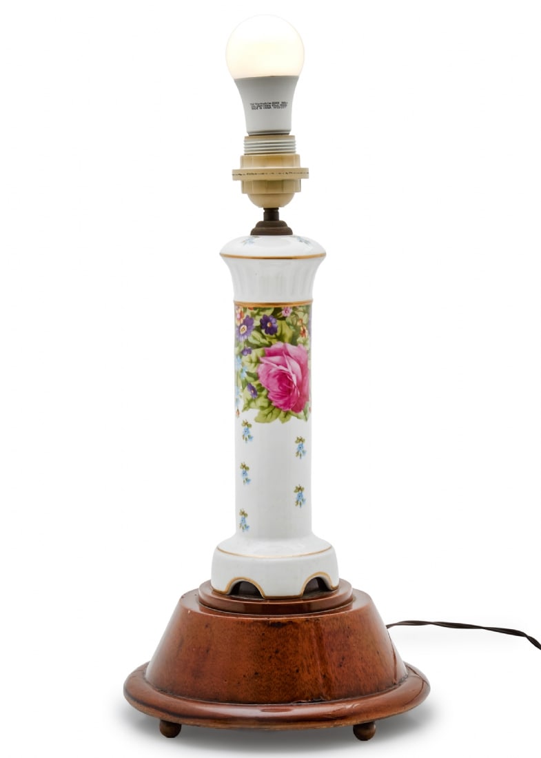 Porcelain Table Lamp Base Decorated with a Floral Pattern, on a Wooden Base (1 of 5)