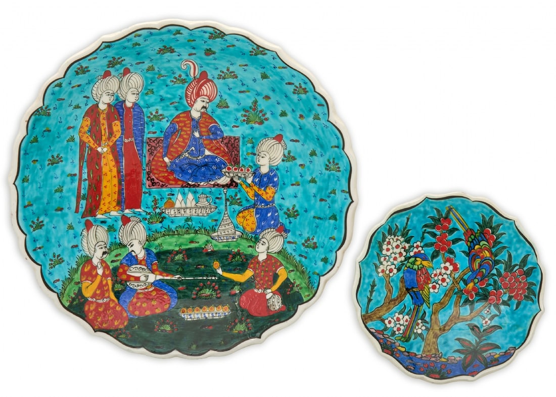 Two Turkish Ceramic Vessels (Kutahya), Hand-Painted in Enamel and Signed: Two Turkish Ceramic Vessels (Kutahya), Hand-Painted in Enamel and Signed, respective diameters: 18.5 and 34 cm. Notice: We are located in Israel and provide full packing and shipping service. You can 