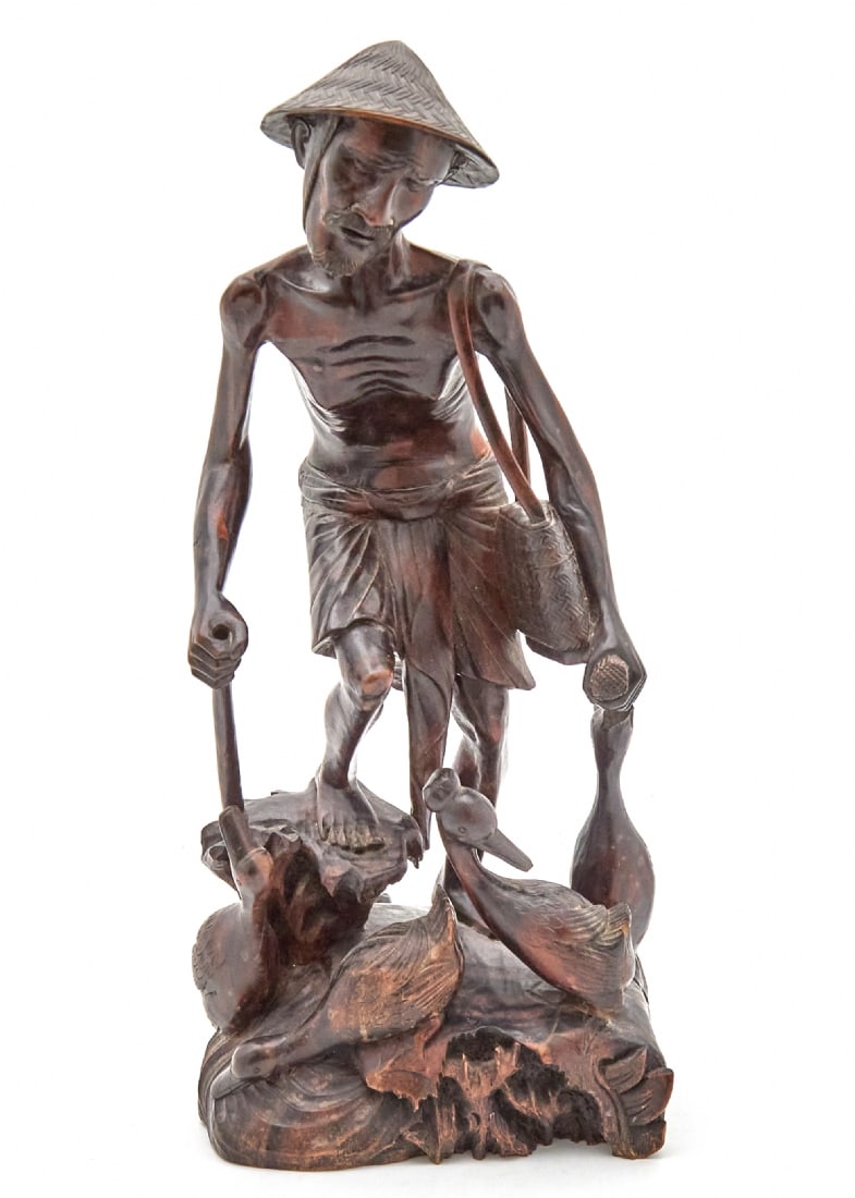 Hand-Carved Balinese Wooden Sculpture of a Fisherman at Work with Ducks (1 of 4)