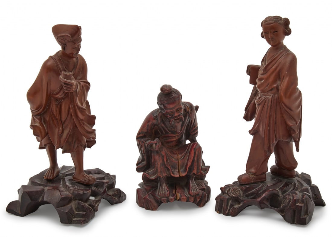 Three Carved Wooden Sculptures of Traditional Chinese Figures (1 of 3)