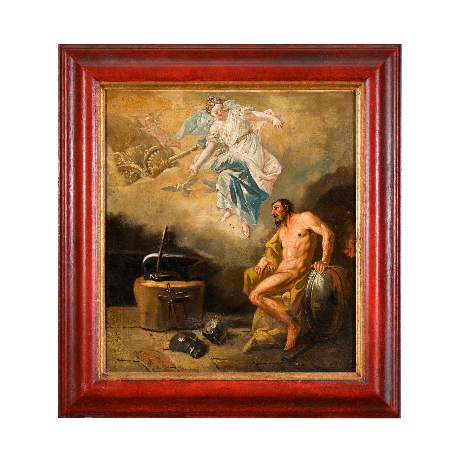 Gaspare Diziani (Belluno - Venezia 1767) allievo/cerchia di: Gaspare Diziani (Belluno - Venezia 1767) allievo/cerchia di Teti e Vulcano Olio su tela 45,5 x 40,5 cm L'immagine di Vulcano mostra un'influenza stilistica da Giulio Carpioni ma l'opera mostra stilemi