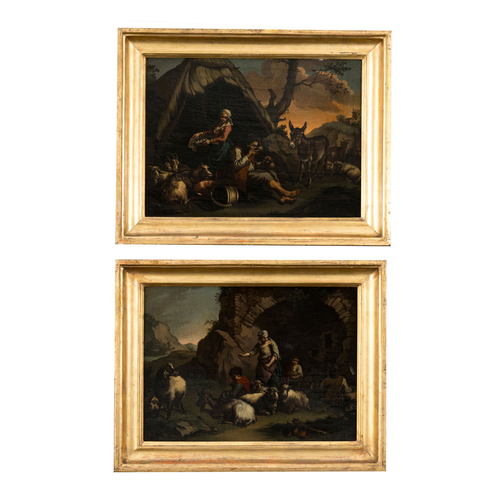 Francesco Londonio (Milano 1723 - 1783) Pastori e armenti Coppia di oli su tela 31,5 x 42 cm Fu un: Francesco Londonio (Milano 1723 - 1783) Pastori e armenti Coppia di oli su tela 31,5 x 42 cm Fu un rinomato pittore e incisore, fece sua la formazione di F. Porta per la pittura e di B. Bossi per l'ac