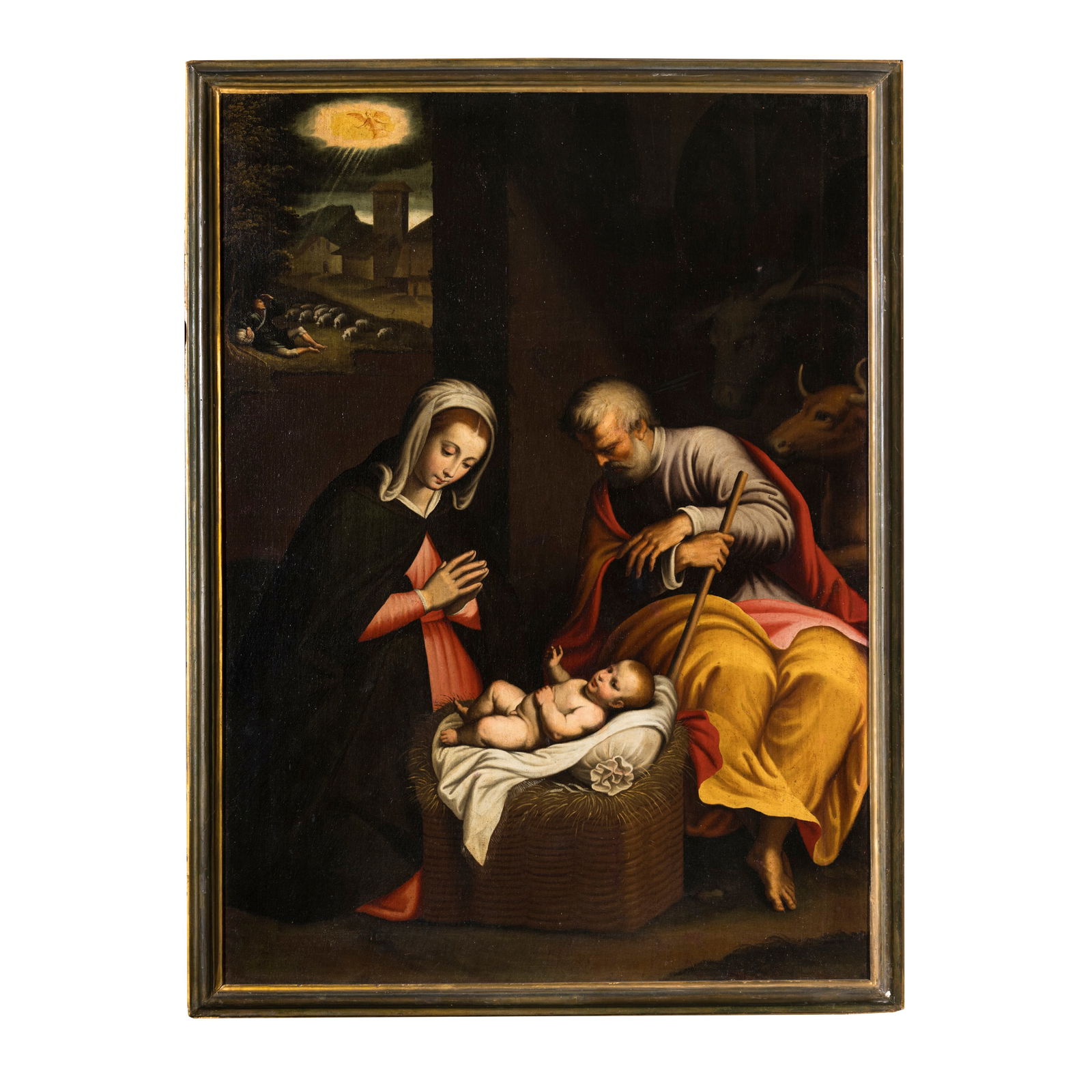 Bernardino Campi (Reggio Emilia 1520 - Cremona 1591) Natività Olio su tela 134 x 97 cm La tela,: Bernardino Campi (Reggio Emilia 1520 - Cremona 1591) Natività Olio su tela 134 x 97 cm La tela, di eccelsa qualità, è una replica, senza la parte superiore con coro d'angeli, della pala conservata