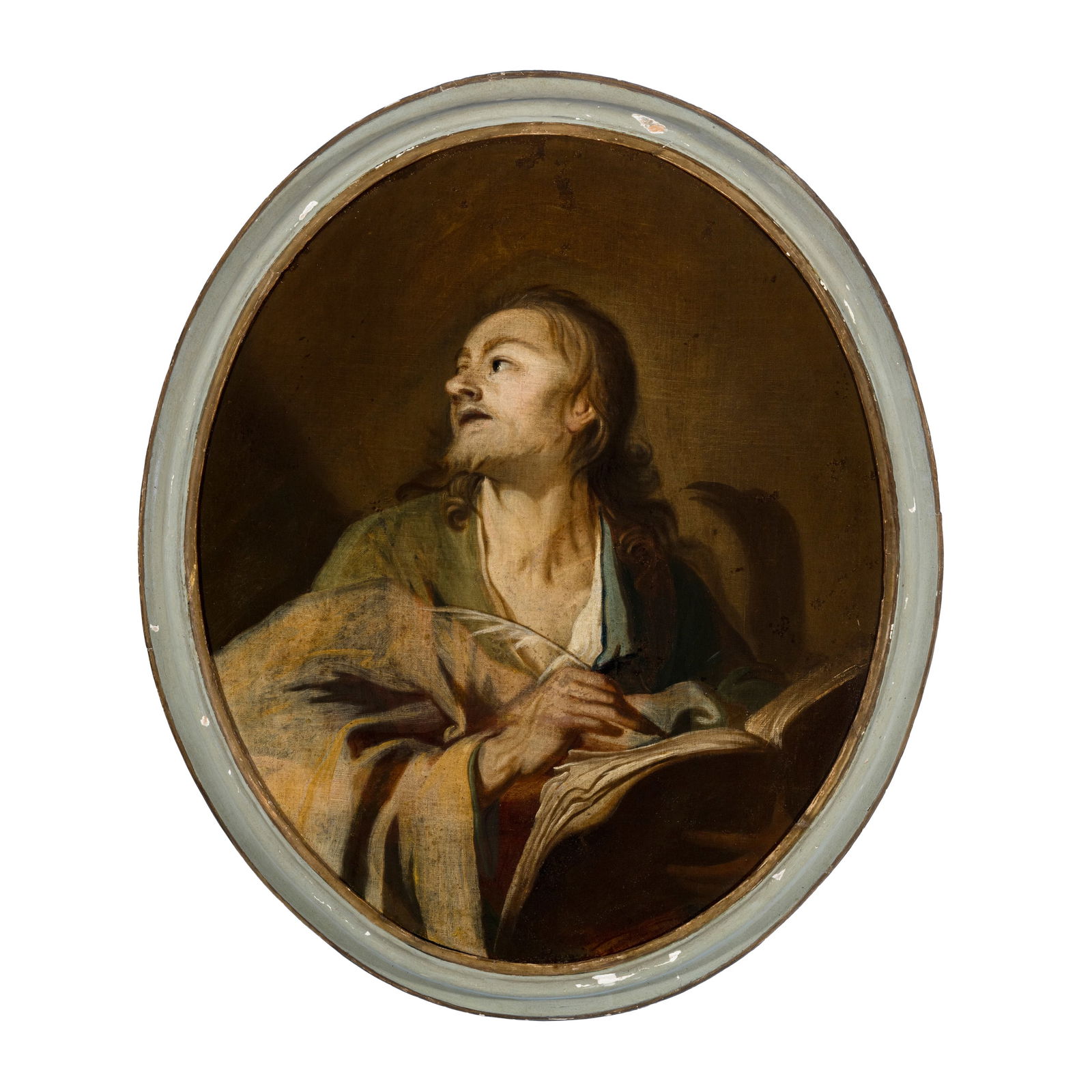 Jan Boeckhorst (Münster 1605 - Anversa 1668) attribuito: Jan Boeckhorst (Münster 1605 - Anversa 1668) attribuito San Giovanni evangelista Olio su tela ovale 100 x 84,5 cm Interessante risulta la vicinanza tra il volto del nostro evangelista con quella di D