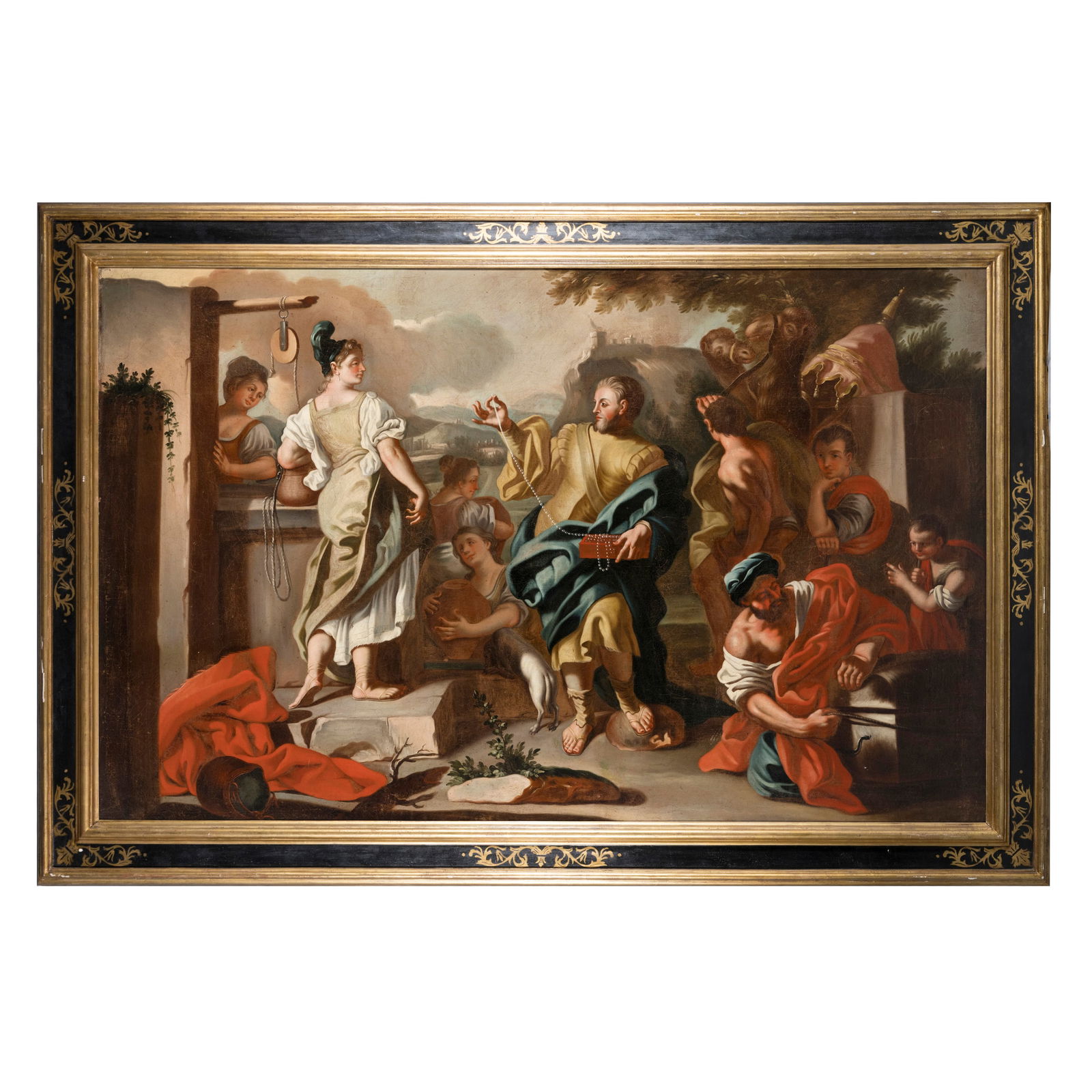 Francesco de Mura (Napoli 1696 - 1782) bottega di: Francesco de Mura (Napoli 1696 - 1782) bottega di Eliezer e Rebecca al pozzo Olio su tela 115 x 184 cm L'opera in esame riprende la tela di Francesco de Mura, oggi al Museo Nazionale della Ceramica Du