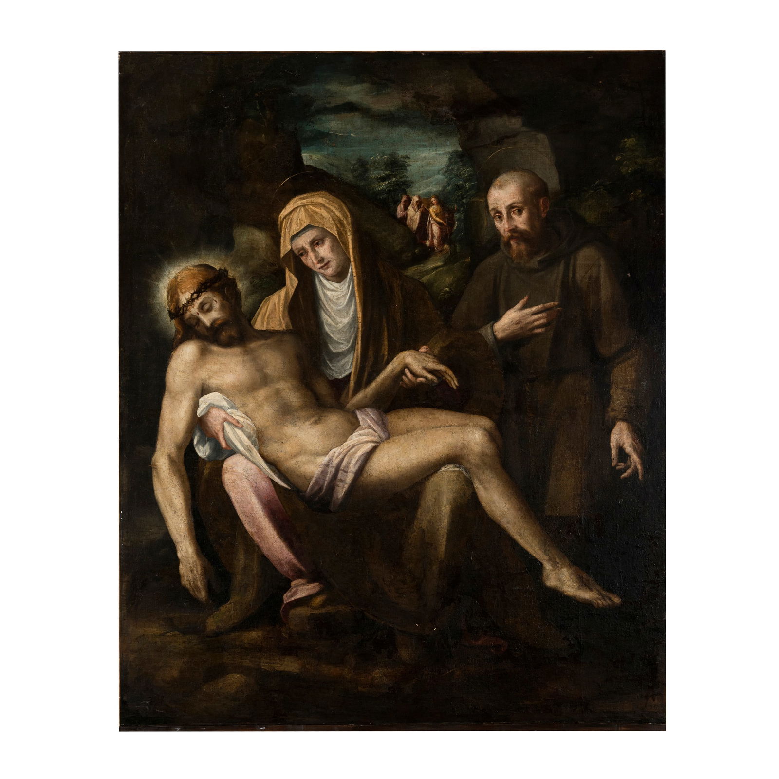Bernardino Campi (Reggio Emilia 1520 - Cremona 1591) bottega/cerchia di: Bernardino Campi (Reggio Emilia 1520 - Cremona 1591) bottega/cerchia di Compianto del Cristo deposto e San Francesco Olio su tela 154 x 122 cm L'opera evidenzia come la Pietà di Michelangelo abbia sv