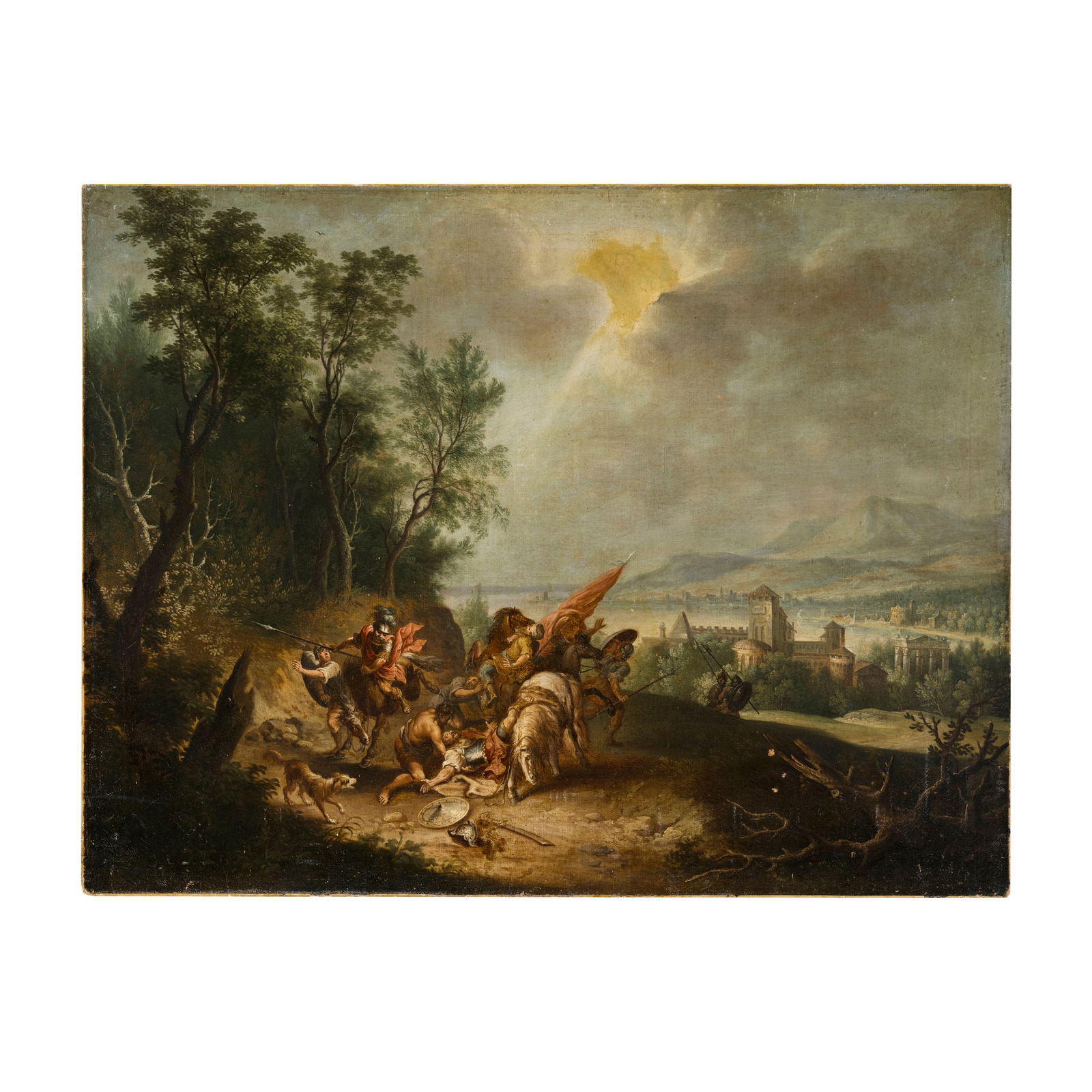 Isaac de Moucheron (Amsterdam 1667 o 1670 - 1744) attribuito: Isaac de Moucheron (Amsterdam 1667 o 1670 - 1744) attribuito Paesaggio della campagna romana con la conversione di San Paolo Olio su tela 81 x 106 cm Figlio del pittore Frederik de Moucheron, soggiorn