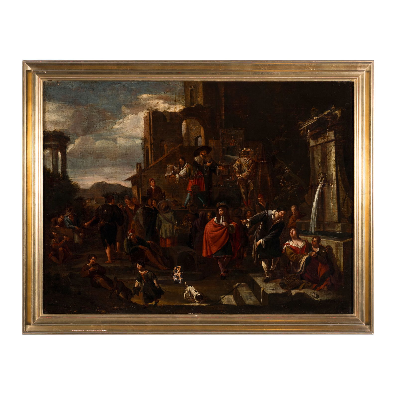 Jan Miel (Anversa 1599 - Torino 1663): Jan Miel (Anversa 1599 - Torino 1663) Scena di vita popolare e teatro nei pressi di una fontana Olio su tela 98 x 74 cm Jan Miel probabilmente mosse i suoi primi passi seguito da Gerard Seghers. Giuns