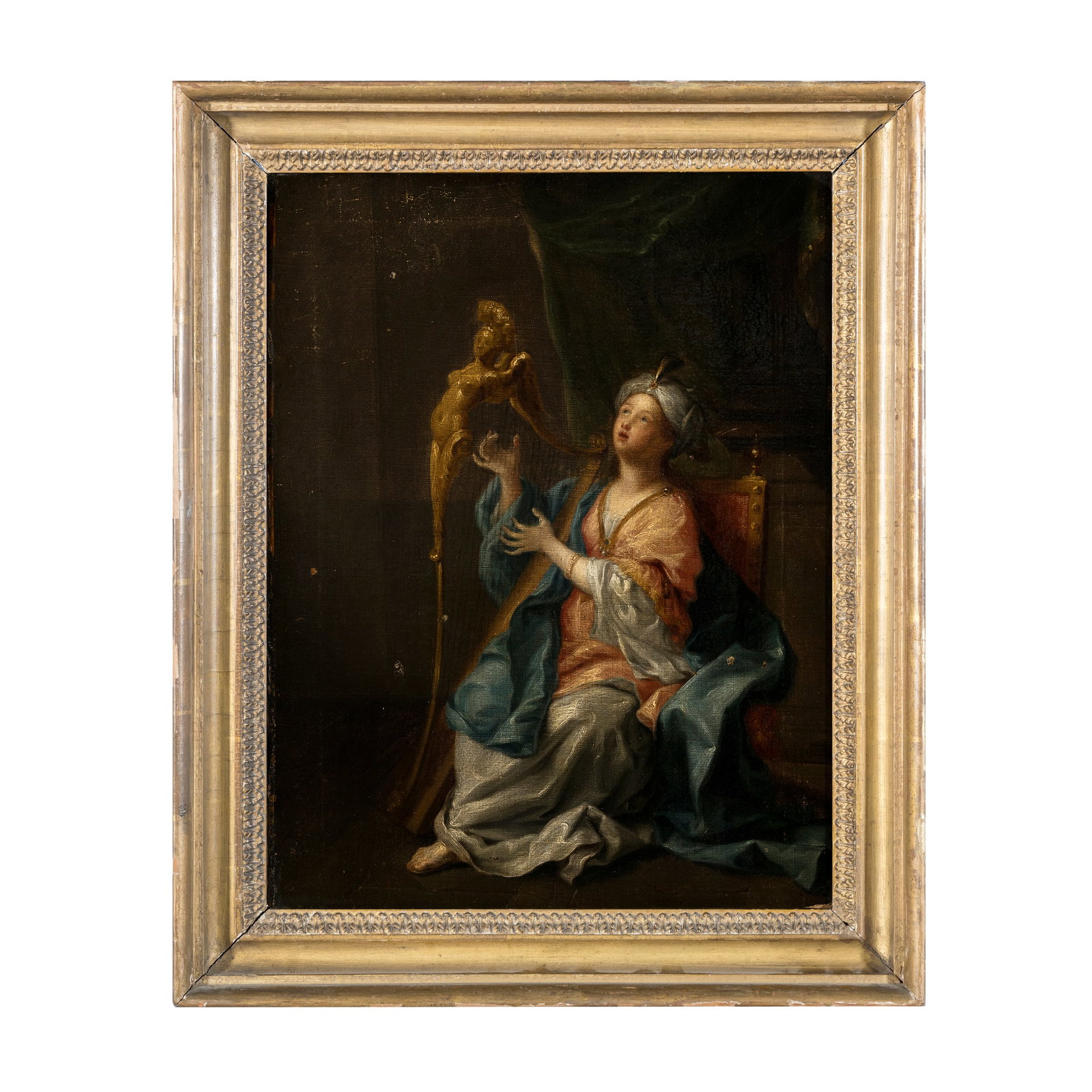 Sebastiano Conca (Gaeta 1680 - Napoli 1764) attribuito: Sebastiano Conca (Gaeta 1680 - Napoli 1764) attribuito Santa Cecilia suona l'arpa Olio su tela 48 x 36 cm La tela è una derivazione semplificata del prototipo conservato al Louvre di Parigi di Mignar