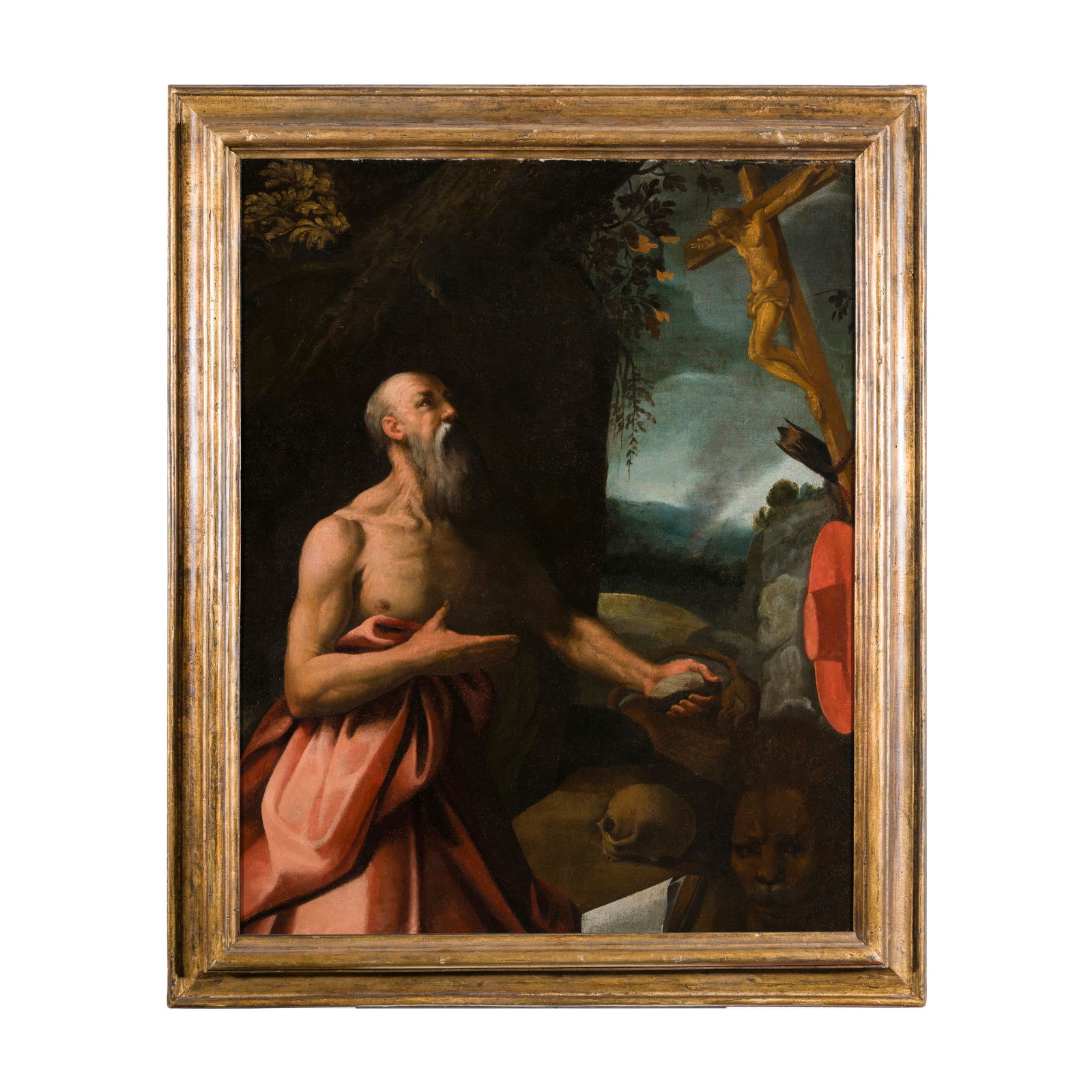 Girolamo Muziano (Acquafredda 1528 - Roma 1592) attribuito: Girolamo Muziano (Acquafredda 1528 - Roma 1592) attribuito San Girolamo Olio su tela 84 x 68 cm Girolamo Muziano iniziò con un apprendistato presso il Romanino, quindi con influenze del Tiziano e del