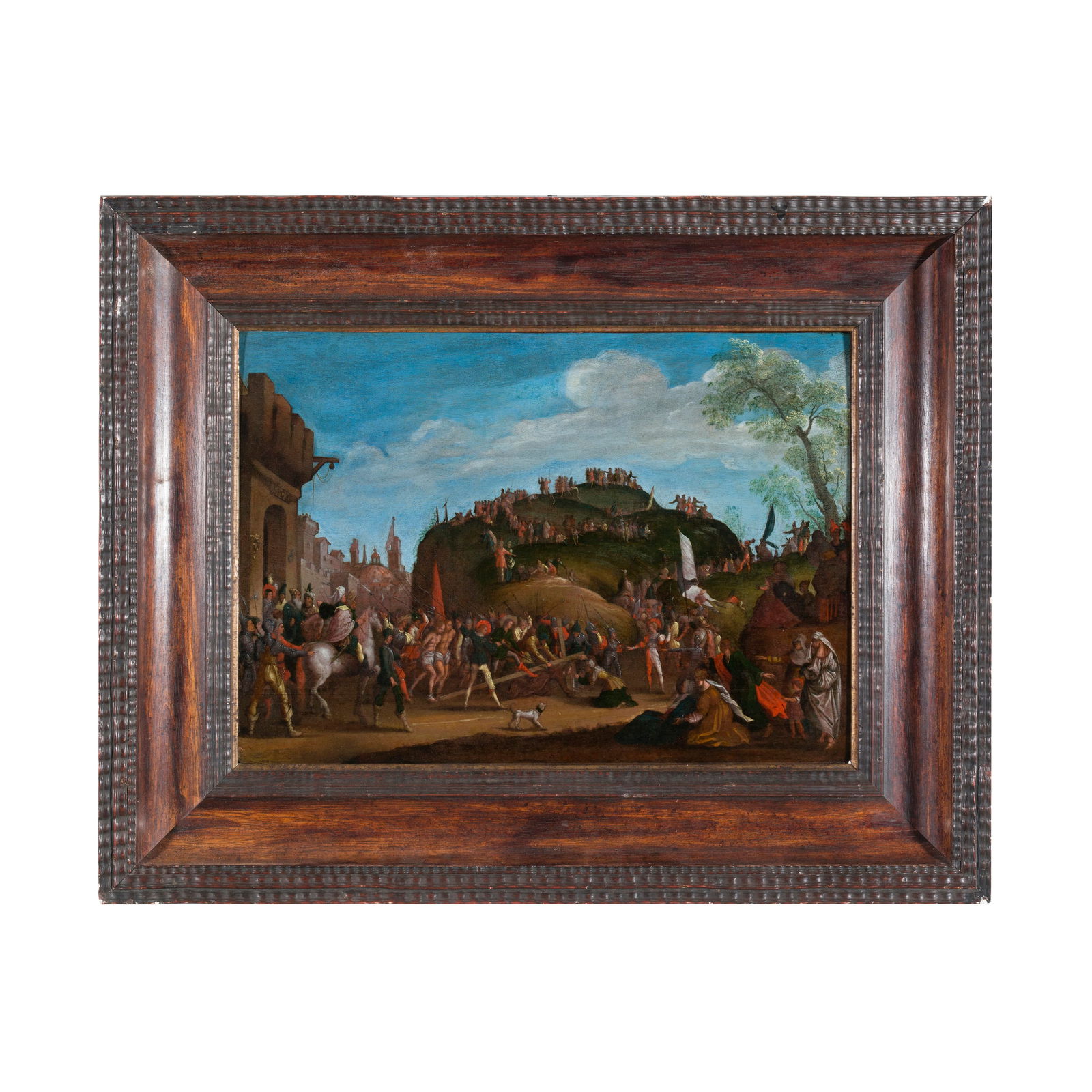 Jacques Callot (Nancy 1592 - 1635) seguace del XVII secolo: Jacques Callot (Nancy 1592 - 1635) seguace del XVII secolo Salita al calvario Olio su tavola 33 x 48 cm L'opera riprende l'incisione del maestro francese, ovvero la sesta tavola della serie, conosciut