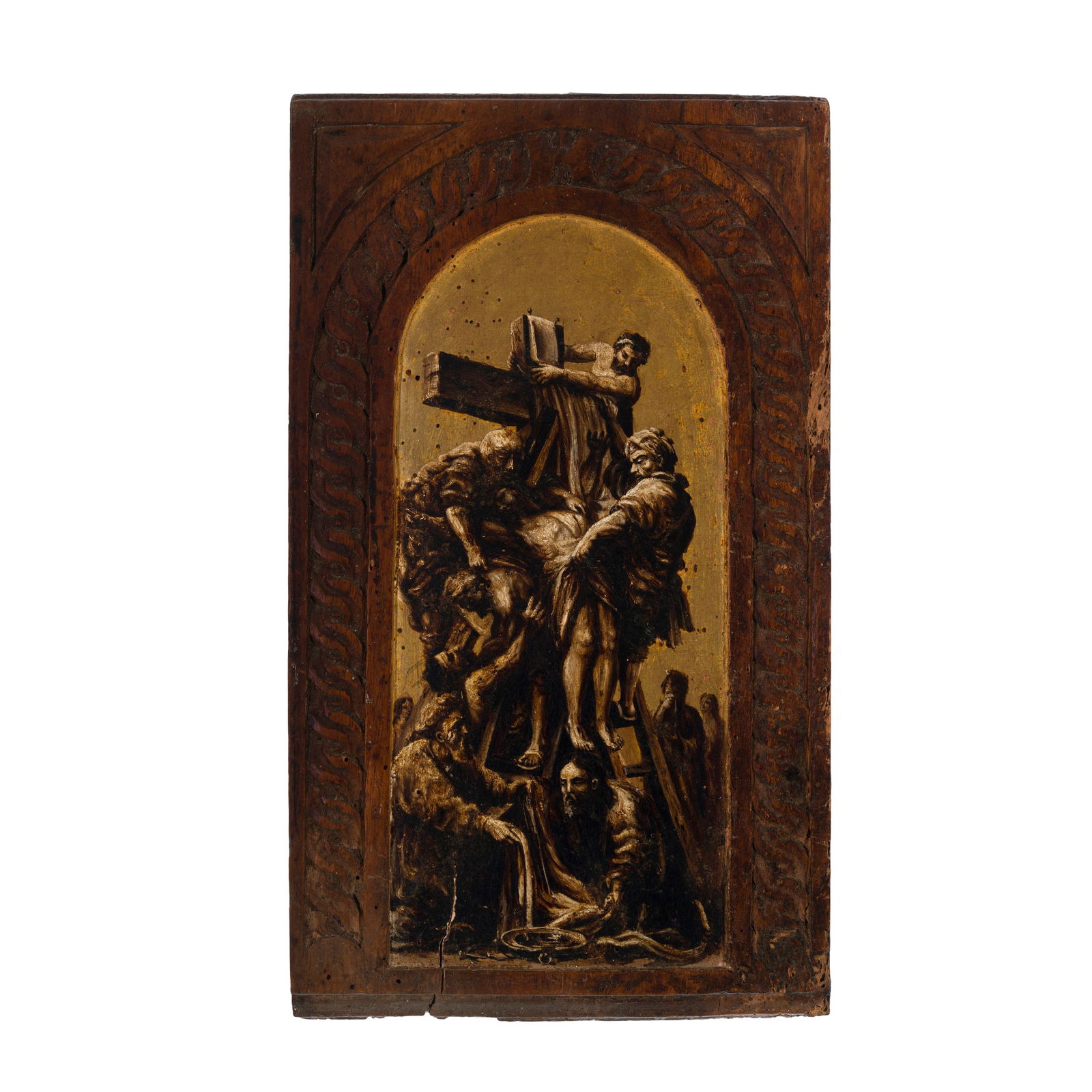 Jean Baptiste Jouvenet, il Grande (Rouen 1644 - Parigi 1717) bottega/cerchia di: Jean Baptiste Jouvenet, il Grande (Rouen 1644 - Parigi 1717) bottega/cerchia di Deposizione dalla Croce Olio e oro su tavola 31,5 x 18 cm L'opera s'ispira alla Discesa dalla croce, firmata e datata 16