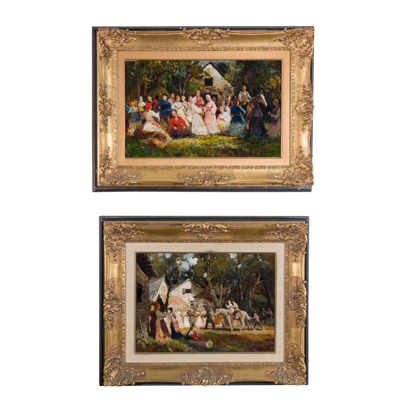 Giuseppe Chiacigh (Vladikavkaz 1895 - Trieste 1967): Giuseppe Chiacigh (Vladikavkaz 1895 - Trieste 1967) Coppia di scene popolari Olio su tavola 35 x 50 cm - 30 x 45 cm Firmati in basso a destra. Giuseppe Chiacigh (Vladikavkaz 1895 - Trieste 1967) A Pai