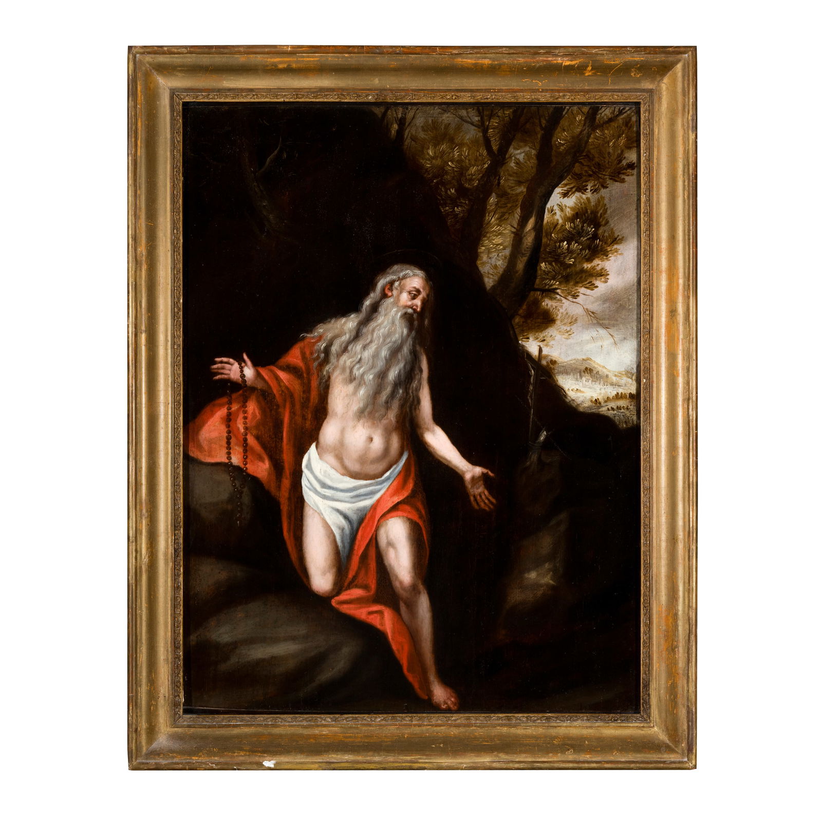 Girolamo Muziano (Brescia 1532 - Roma 1592) bottega di: Girolamo Muziano (Brescia 1532 - Roma 1592) bottega di Sant'Onofrio in preghiera nel deserto Olio su tavola 65 x 48 cm L'opera prende spunto da un'invenzione del Maestro bresciano come dimostra l'inci