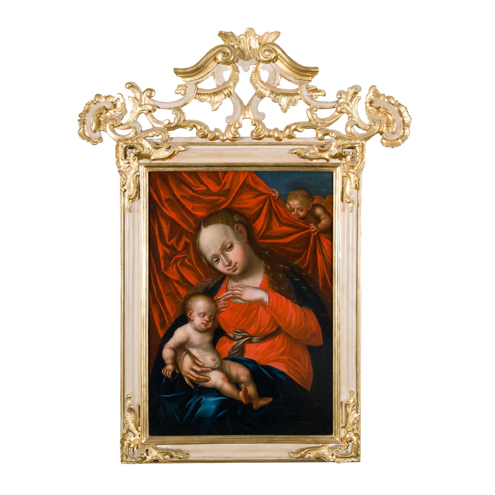 Scuola austriaca o tedesca del XVIII secolo: Scuola austriaca o tedesca del XVIII secolo Madonna col Bambino Olio su tela 51,5 x 35,5 cm L'opera s'ispira allo stile arcaico dei Cranach. Austrian or German school of the 18th century Madonna and C