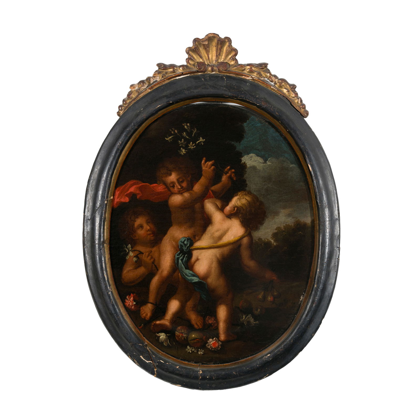 Guillaume Courtois (Saint Hippolyte 1628 - Roma 1679) e Abraham Brueghel (Anversa 1631 - Napoli: Guillaume Courtois (Saint Hippolyte 1628 - Roma 1679) e Abraham Brueghel (Anversa 1631 - Napoli 1697) Putti che giocano con frutti e fiori Olio su tela 50 x 39 cm Il dipinto trova perfetta aderenza st