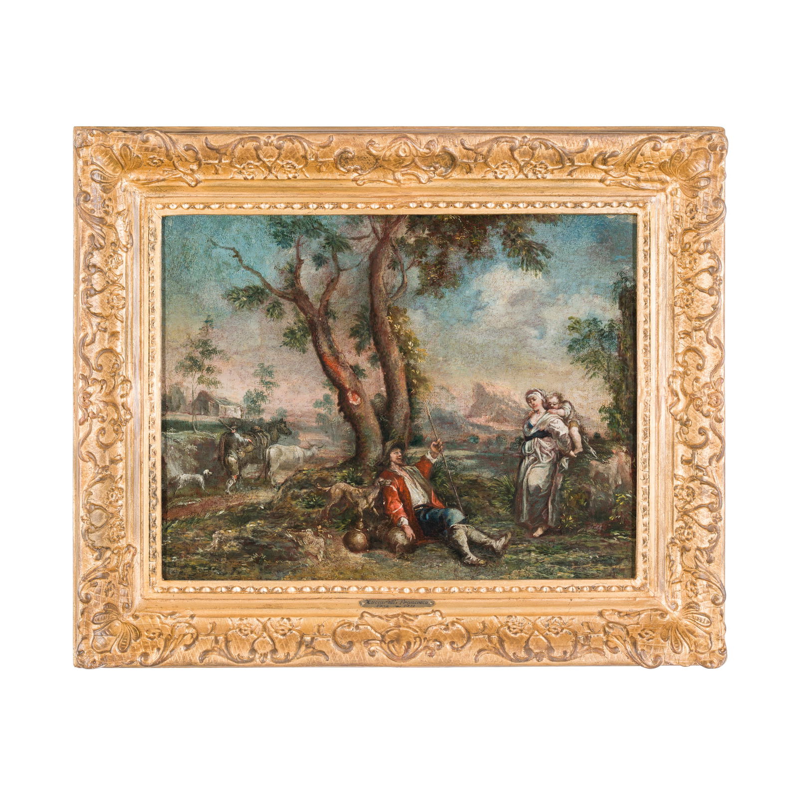 Giuseppe Antonio Pianca (Agogna 1703 - Milano post 1757): Giuseppe Antonio Pianca (Agogna 1703 - Milano post 1757) Paesaggio pastorale Olio su tela 47 x 60 cm L'opera s'ispira ai modi di Francesco Zuccarelli come le opere pubblicate da pag. 292 e 293, figure