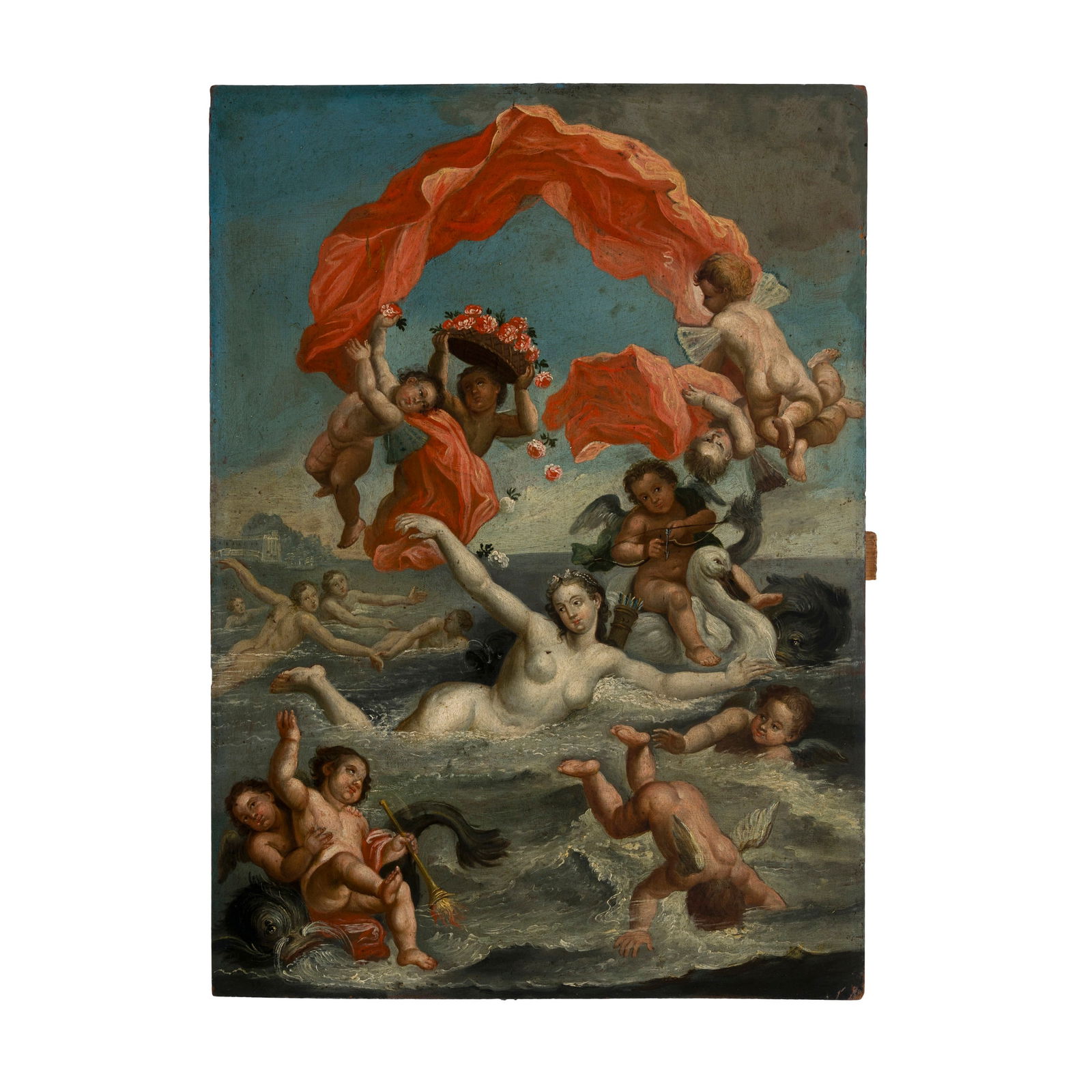 Scuola tedesca del XVIII secolo: Scuola tedesca del XVIII secolo Trionfo di Galatea Olio su tela 42,8 x 30,5 cm Al retro scritta con attribuzione a Johann Georg Bergmüller. German school of the 18th century Triumph of Galatea Oi