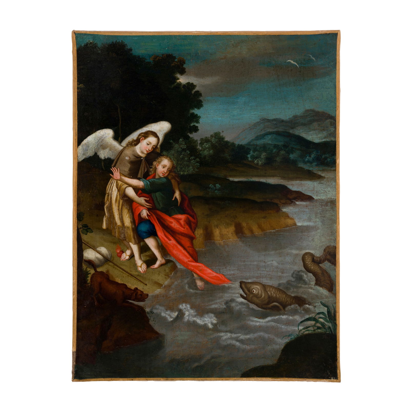 Scuola austriaca o tedesca del XVII secolo: Scuola austriaca o tedesca del XVII secolo Tobia e l'angelo Olio su tela 37,5 x 28 cm Austrian or German school of the 17th century Tobias and the Angel Oil on canvas 37,5 x 28 cm