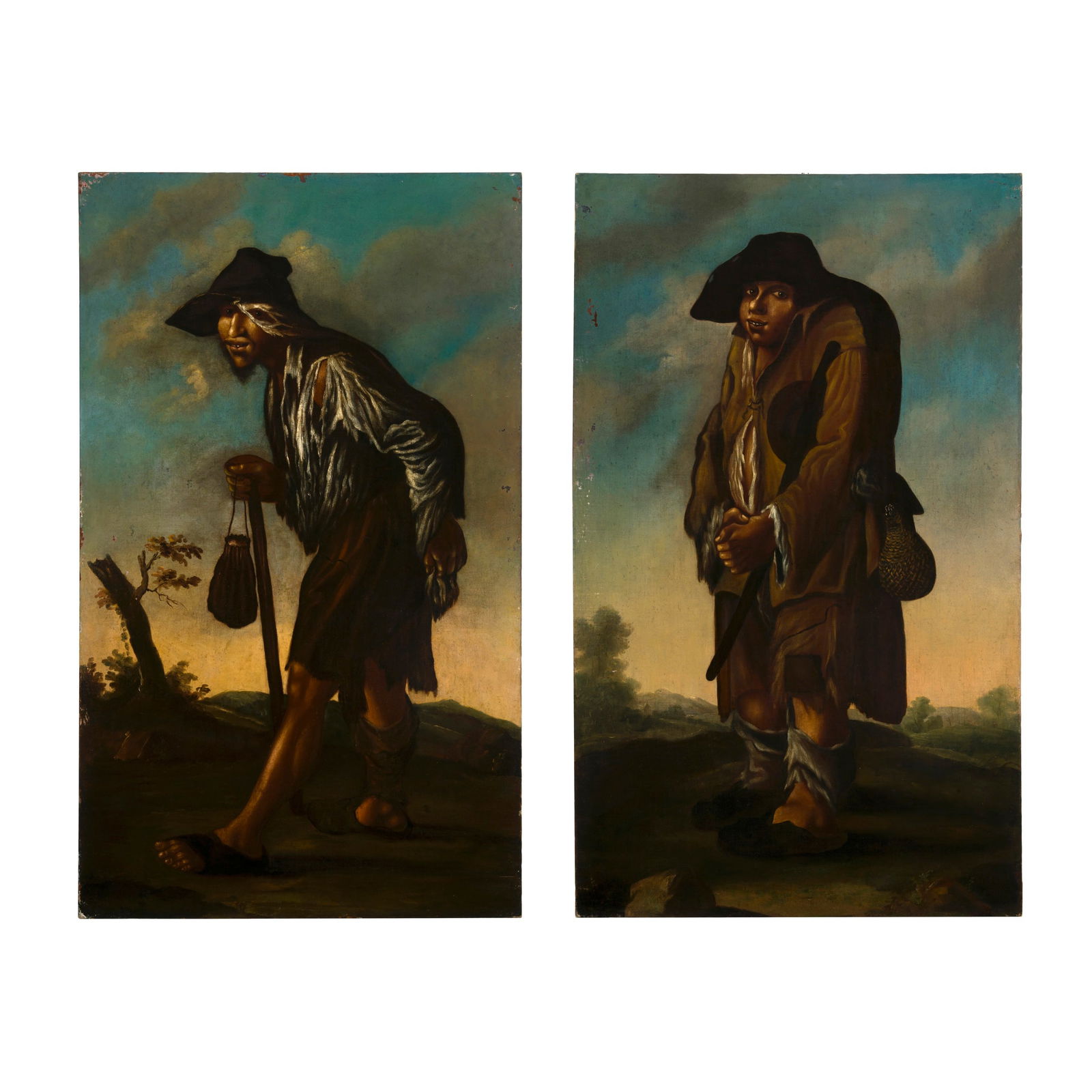 Scuola fiamminga del XVII/XVIII secolo: Scuola fiamminga del XVII/XVIII secolo Vecchio con bastone - Giovane viandante Olio su tela 144 x 86 cm Le due figure si ispirano agli esempi grafici di Adriaen van Ostade e Jacques Callot. Flemish sc