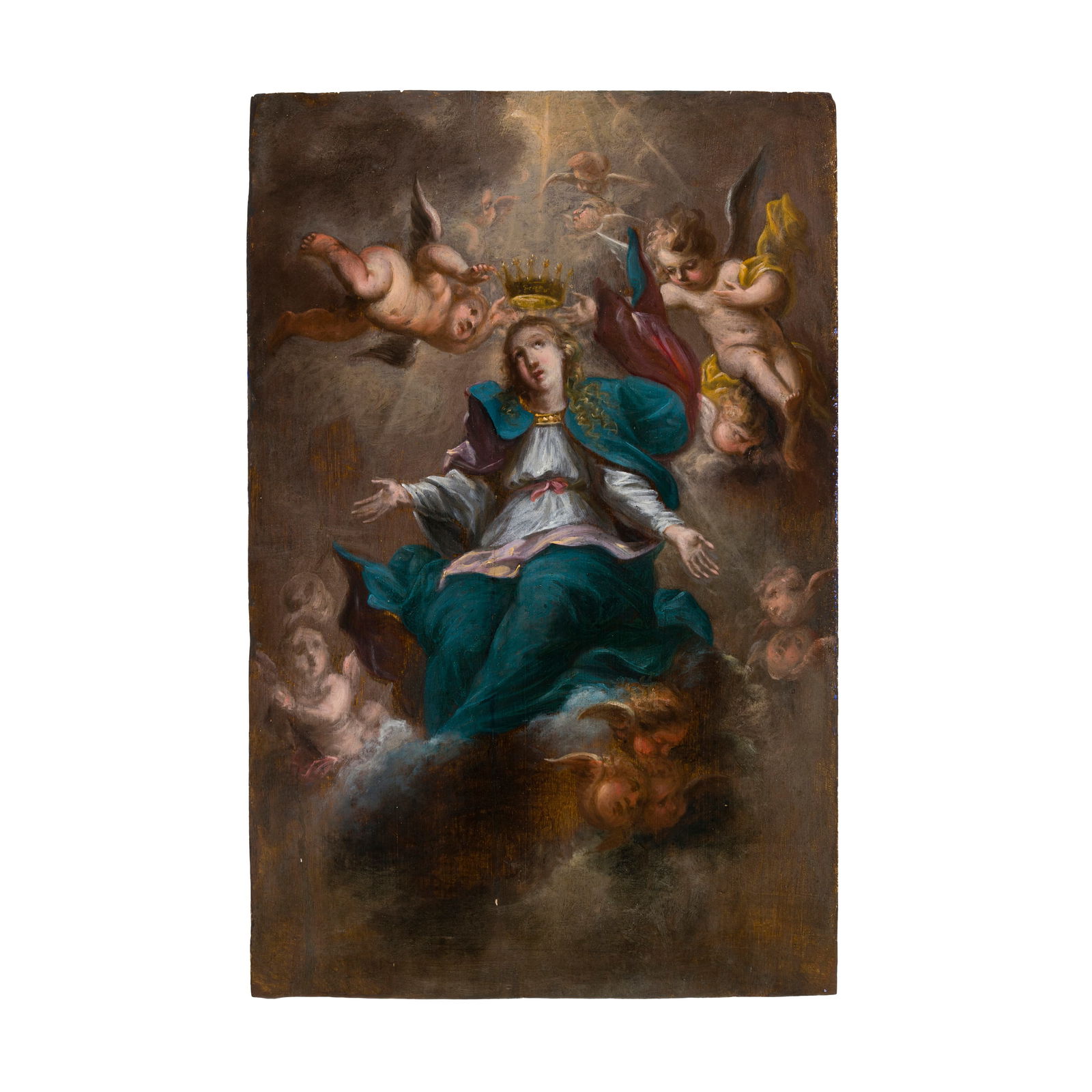 Abraham Bloemaert (Gorinchem 1564 - Utrecht 1651) attribuito: Abraham Bloemaert (Gorinchem 1564 - Utrecht 1651) attribuito Bozzetto/Studio per Incoronazione della Vergine Maria Olio su tavola 39 x 25 cm L'opera, probabilmente prese spunto dalle invenzioni di Rub