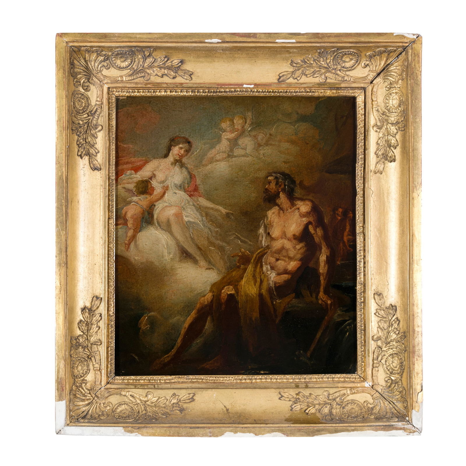 Gaspare Diziani (Belluno - Venezia 1767) attribuito: Gaspare Diziani (Belluno - Venezia 1767) attribuito Teti e Vulcano Olio su tela 27 x 23,5 cm L’opera mostra significativi elementi stilistici della cultura figurativa veneziana del Settecento. I