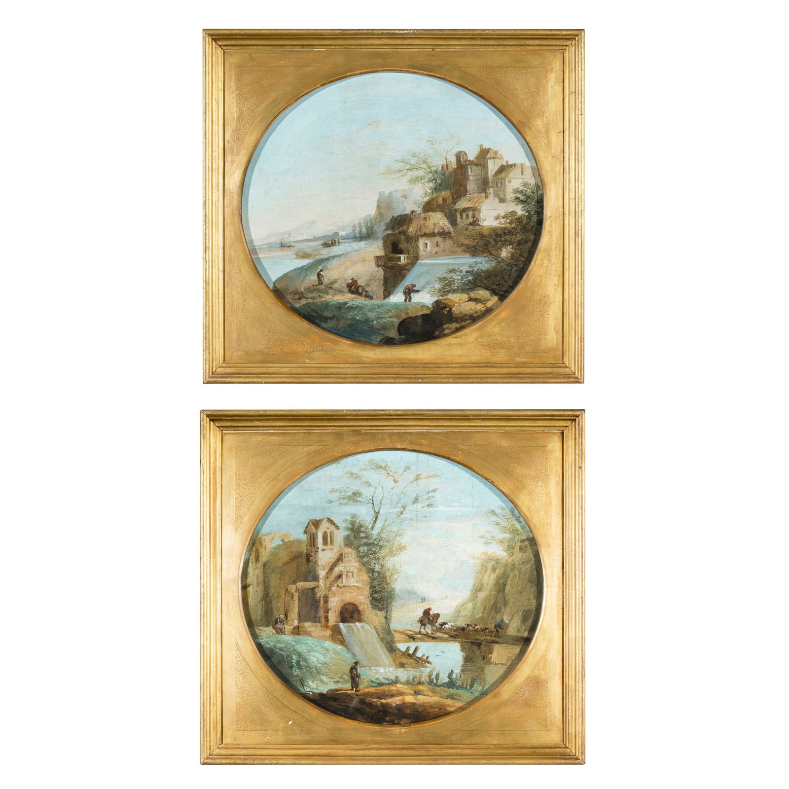 Giuseppe Bernardino Bison (Palmanova 1762 - Milano 1844): Giuseppe Bernardino Bison (Palmanova 1762 - Milano 1844) Paesaggio fluviale con cascata - Paesaggio fluviale con mulino e ponte Tempera su cartoncino 45 x 49,5 cm e 46 x 52 cm Provenienza: SothebyR