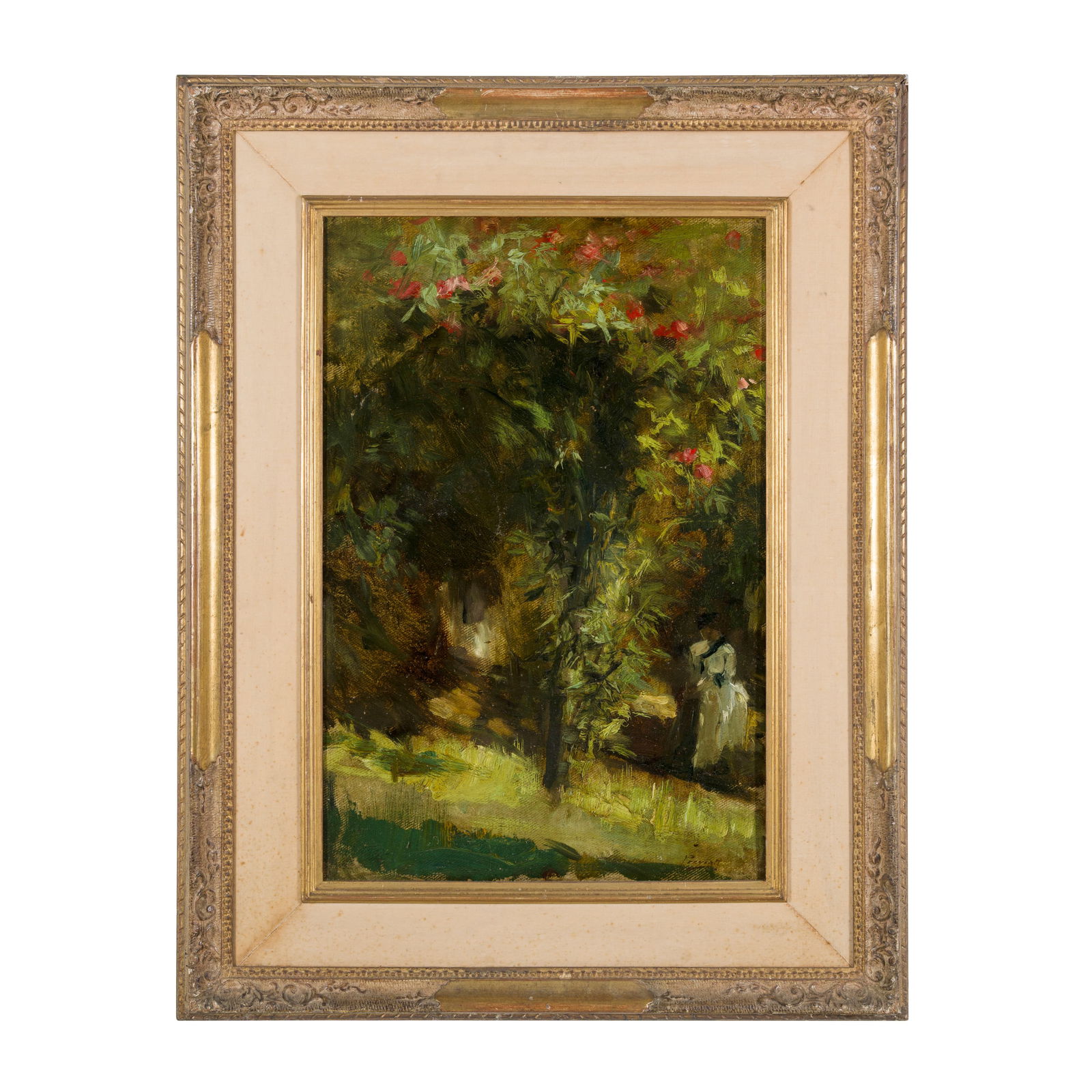 Gaetano Previati (Ferrara 1852 - Lavagna 1920): Gaetano Previati (Ferrara 1852 - Lavagna 1920) Giardino di Villa Solitaria, 1887 Olio su tela 60 x 42 cm Firmato in basso a destra. Sul retro, un'etichetta riportante la seguente dicitura: Dipinto da