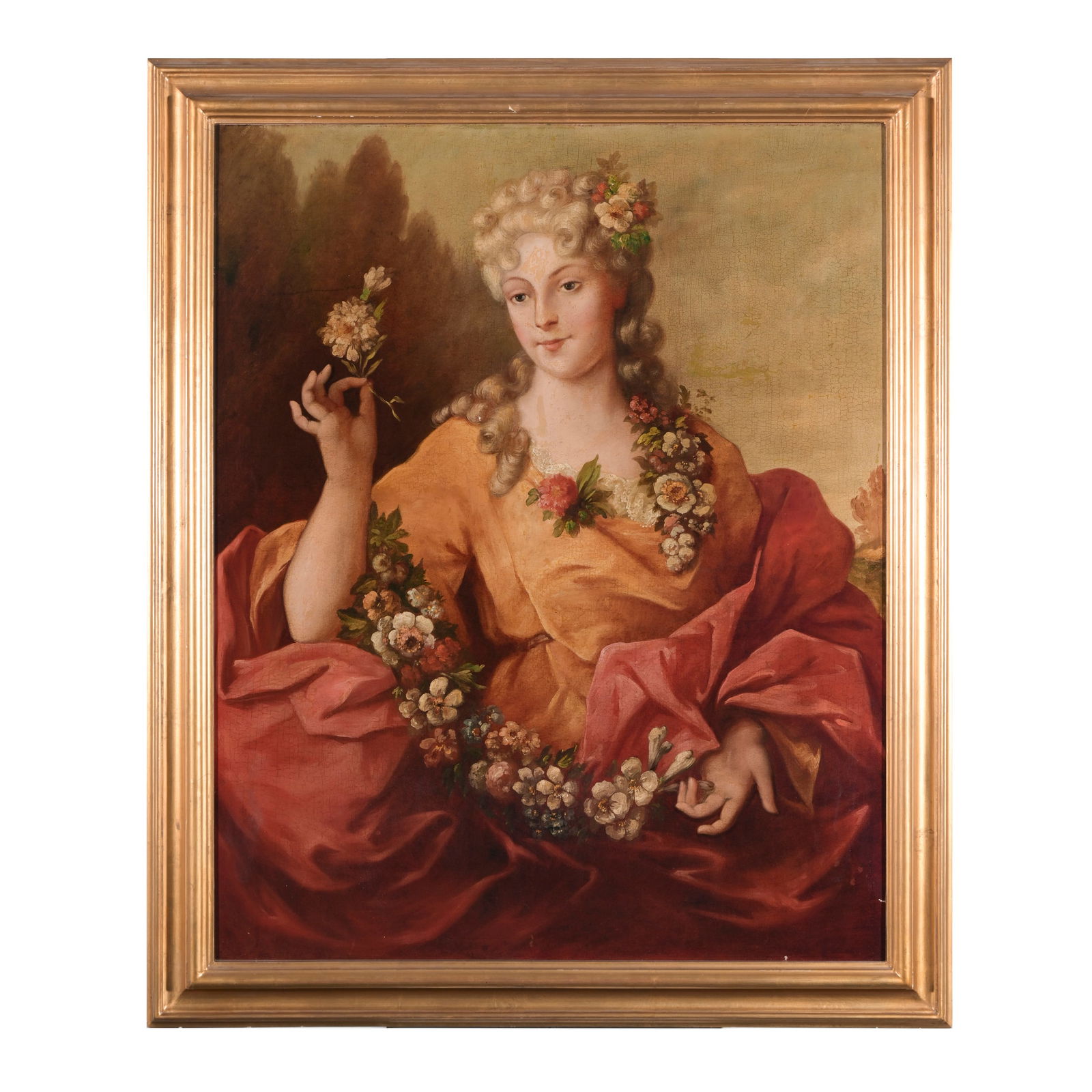 Scuola francese del XVIII secolo Ritratto di nobildonna nelle vesti di Flora Olio su tela 100 x 81: Scuola francese del XVIII secolo Ritratto di nobildonna nelle vesti di Flora Olio su tela 100 x 81 cm French school of the 18th century Portrait of a Noblewoman Dressed as Flora Oil on canvas 100 x 81