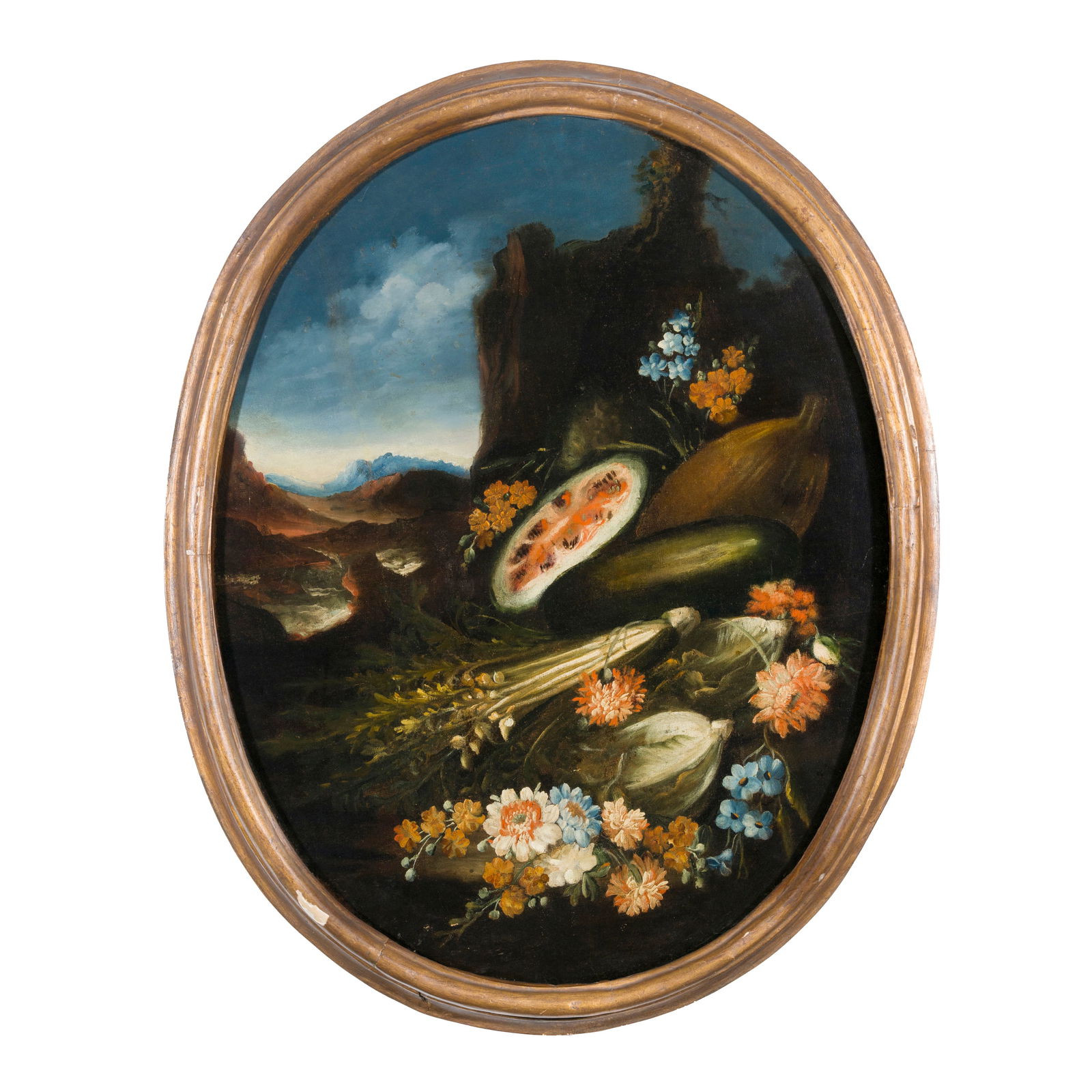 Scuola emiliana del XVIII secolo Natura morta con fiori, sedano e anguria Olio su tela 100 x 76,5 cm: Scuola emiliana del XVIII secolo Natura morta con fiori, sedano e anguria Olio su tela 100 x 76,5 cm Emilian school of the 18th century Still Life with Flowers, Celery and Watermelon Oil on canvas 100