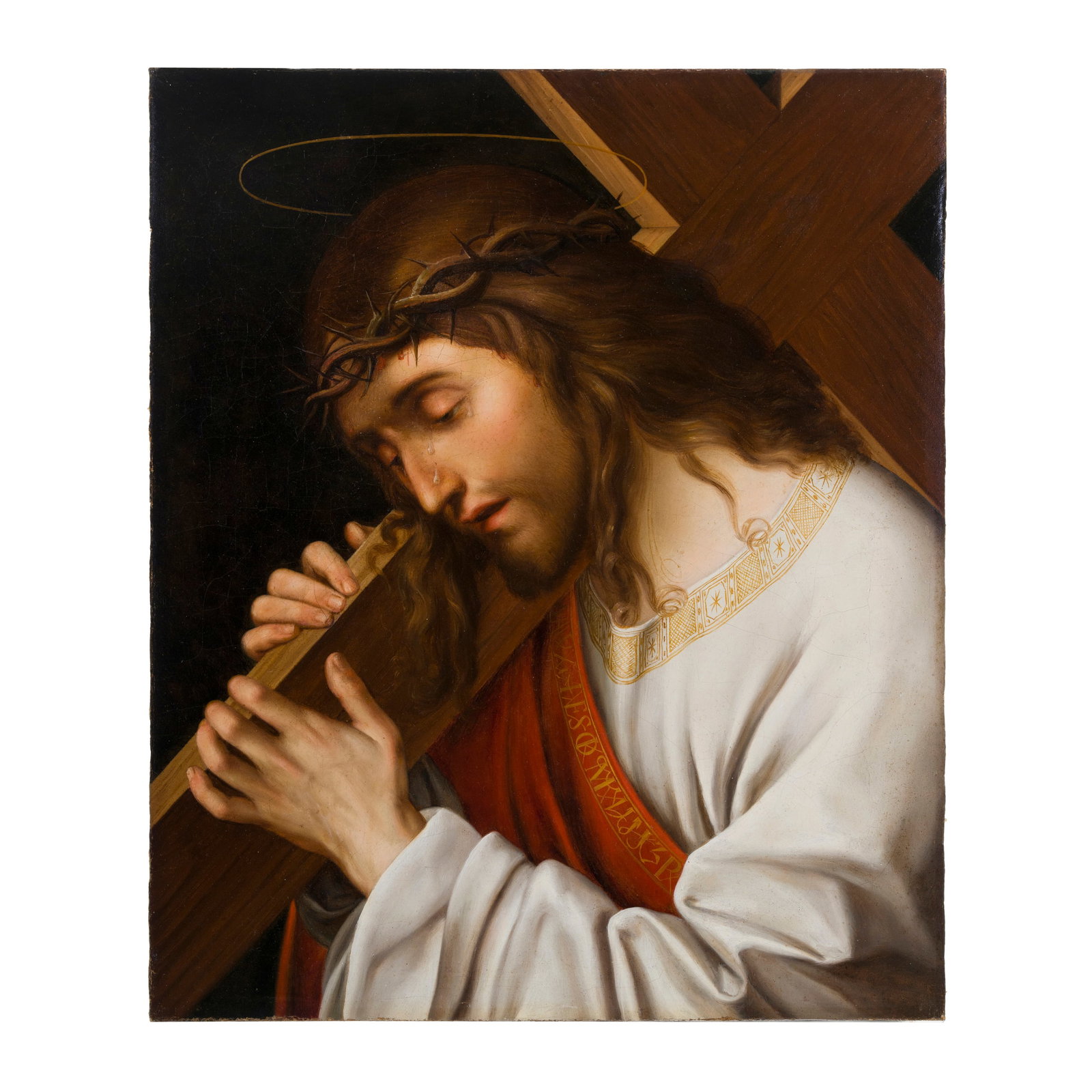 Scuola italiana del XVIII secolo Cristo portacroce Olio su tela 50 x 42 cm L'opera riprende il: Scuola italiana del XVIII secolo Cristo portacroce Olio su tela 50 x 42 cm L'opera riprende il dipinto di Gian Francesco de' Maineri, conservato presso la Galleria degli Uffizi di Firenze. Italian sch