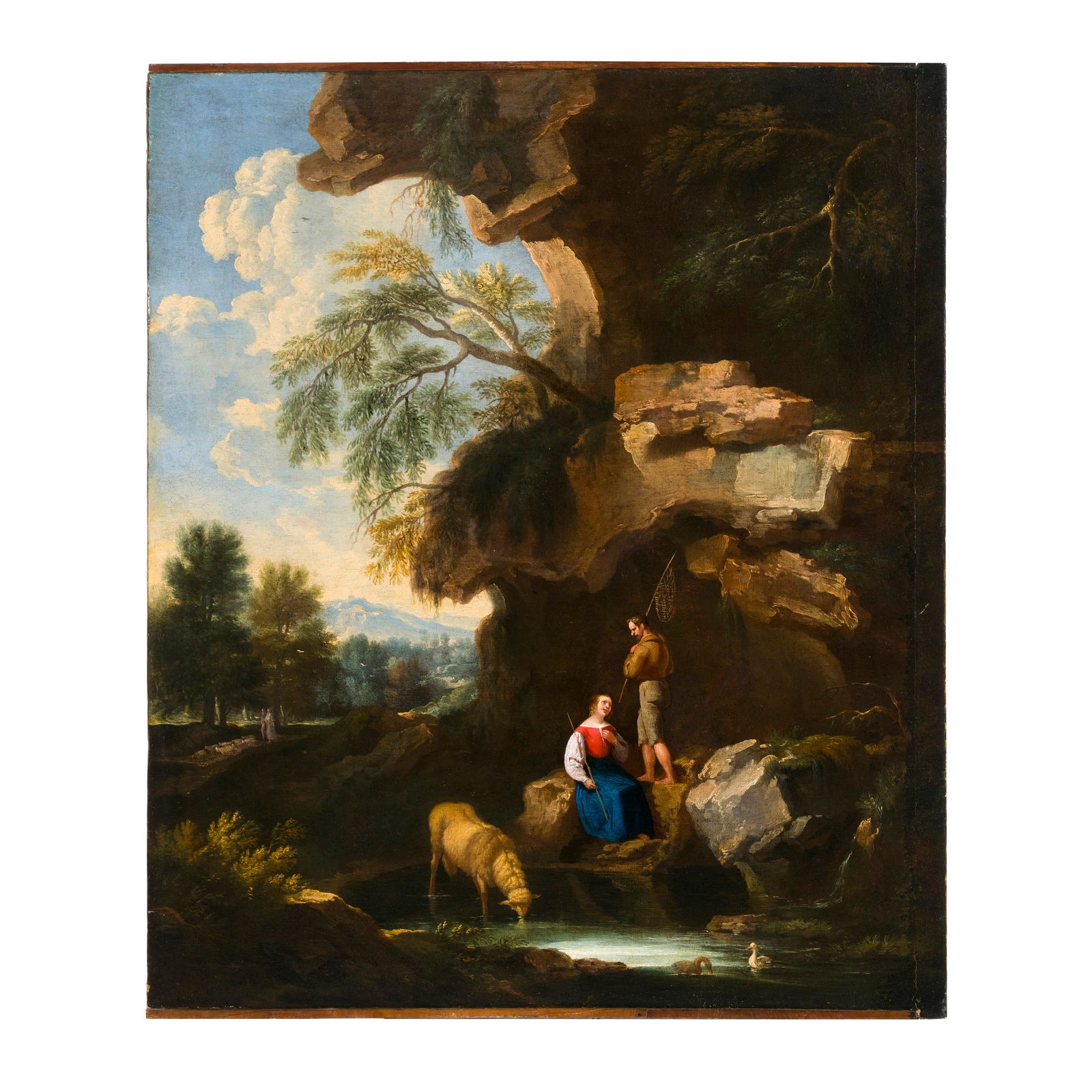 Scuola romana del XVIII secolo Paesaggio con personaggi al fiume Olio su tela 91 x 65 cm Roman (1 of 3)