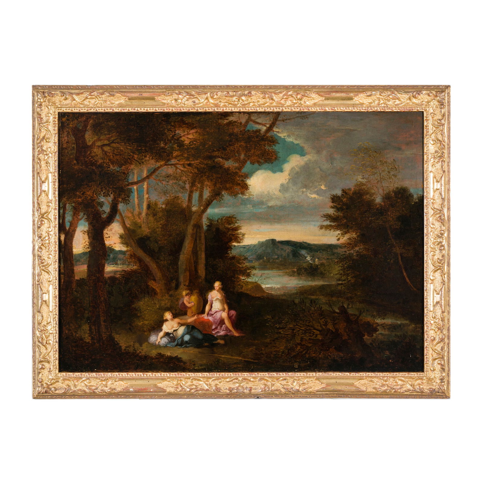 Scuola francese o fiamminga del XVIII secolo Paesaggio con due ninfe e un amorino Olio su tela 55 (1 of 3)