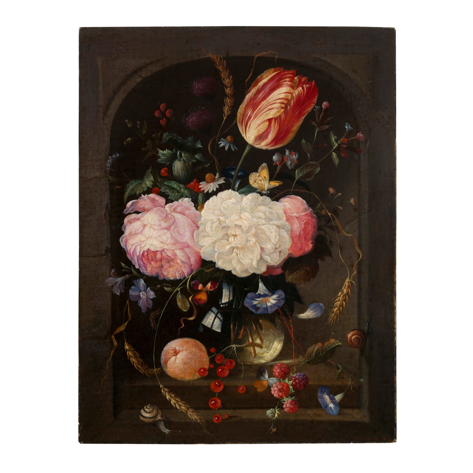 Jan Davidsz de Heem (Utrecht 1606 - Anversa 1684) seguace di Nicchia con vaso di fiori, insetti e (1 of 3)