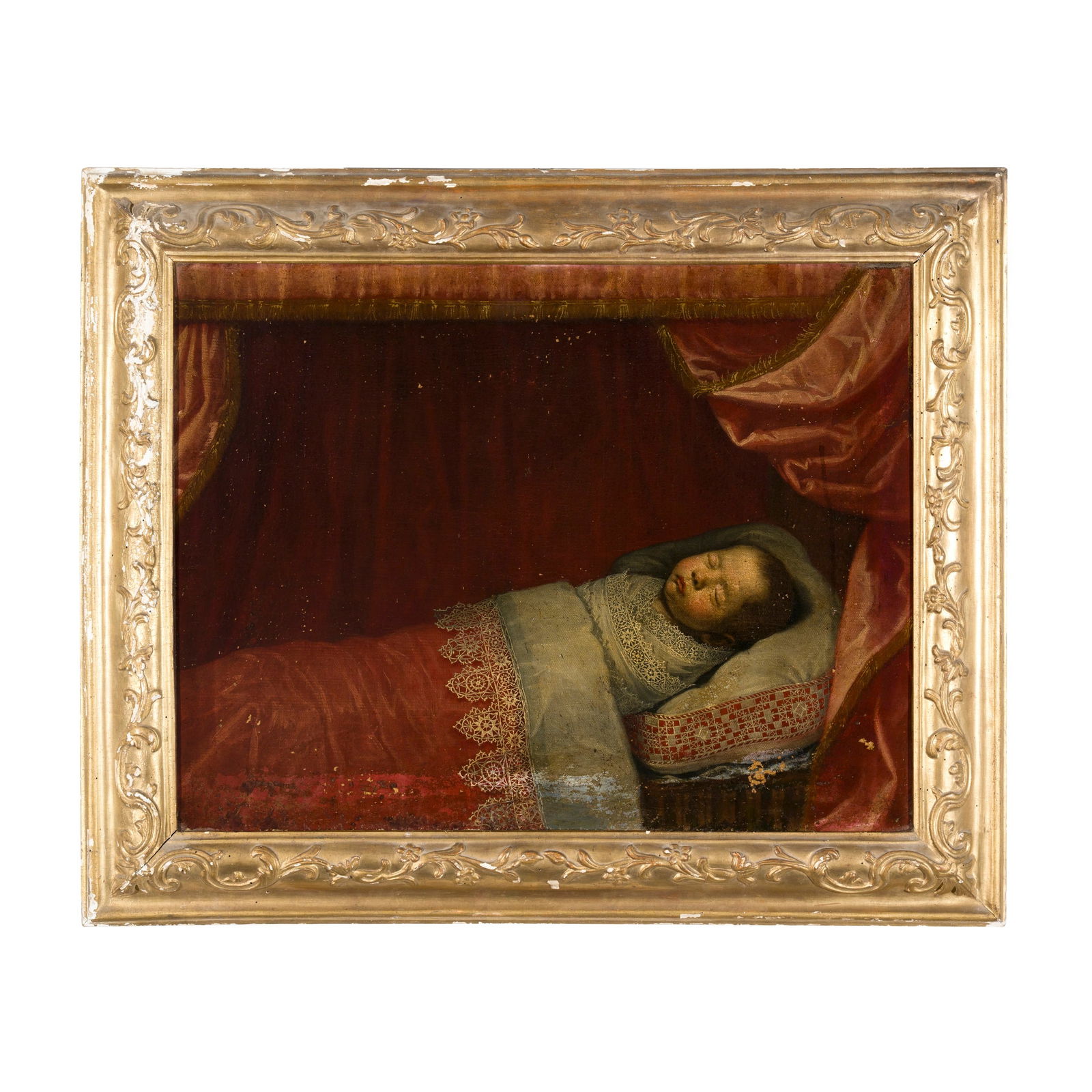 Scuola fiamminga del XVII secolo Bambino in fasce che dorme Olio su tela 57 x 73,5 cm La preziosa: Scuola fiamminga del XVII secolo Bambino in fasce che dorme Olio su tela 57 x 73,5 cm La preziosa cura dei ricami e le coltri dai riflessi "metallici" e dalle pieghe nervosamente fulminee fanno suppor