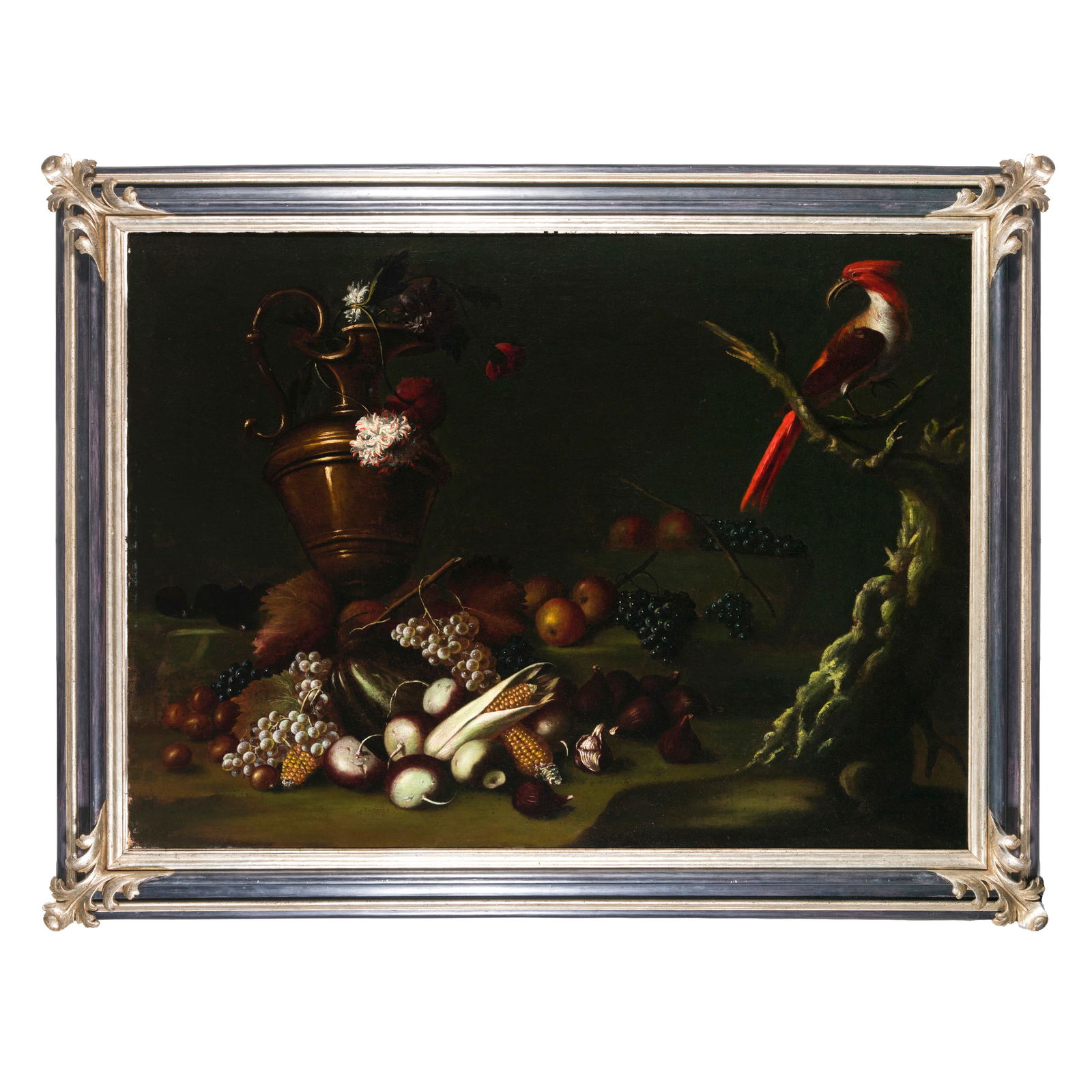 Scuola lombarda del XVII secolo Natura morta autunnale con uva, mais e un pappagallo Olio su tela (1 of 4)