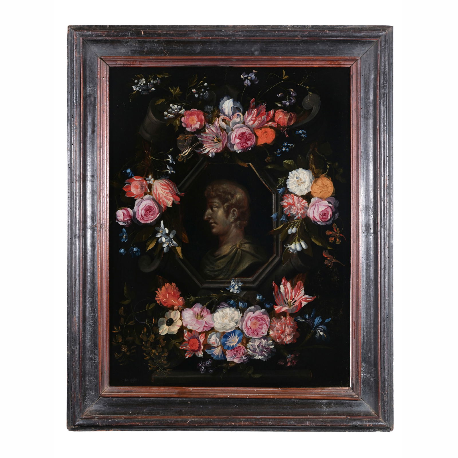 Daniel Seghers (Anversa 1590 - 1661) bottega/cerchia di Ghirlanda di fiori con ritratto di uomo di (1 of 4)
