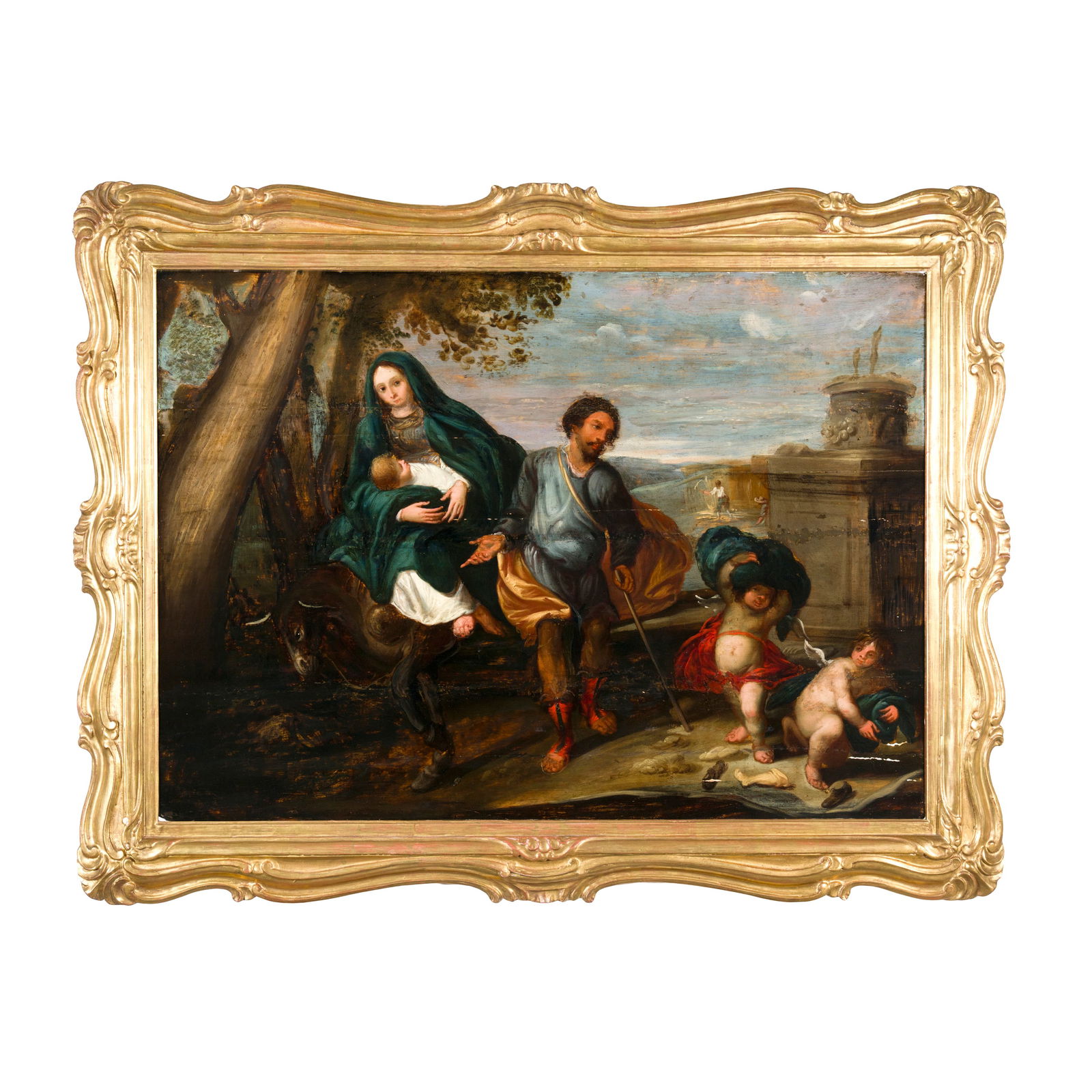 Scuola fiamminga del XVII secolo Fuga in Egitto Olio su tavola 75 x 103 cm Flemish school of the: Scuola fiamminga del XVII secolo Fuga in Egitto Olio su tavola 75 x 103 cm Flemish school of the 17th century Flight into Egypt Oil on panel 75 x 103 cm