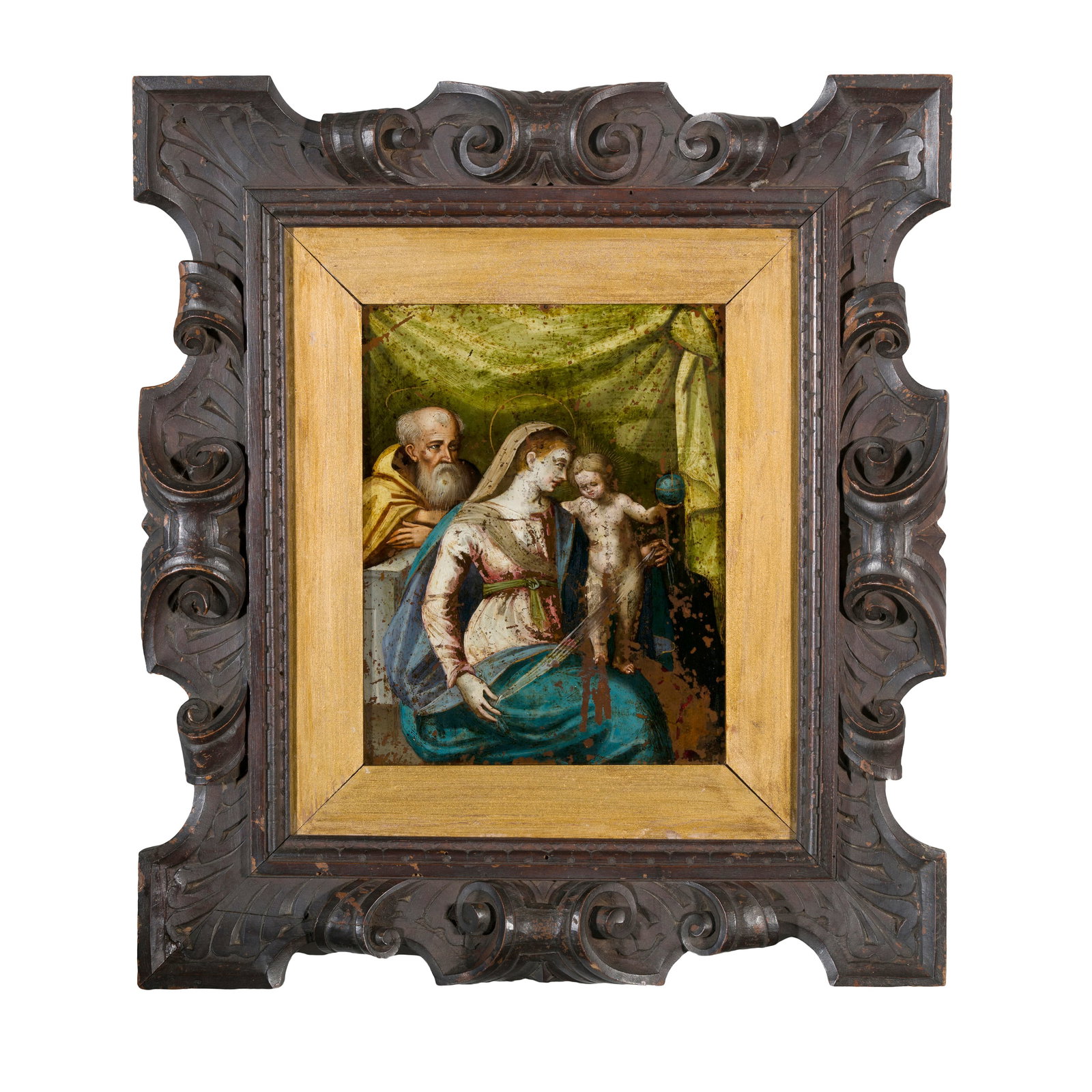 Scuola toscana del XVI secolo Sacra famiglia Olio su rame 23 x 18 cm Lo stile dell'opera risente (1 of 2)