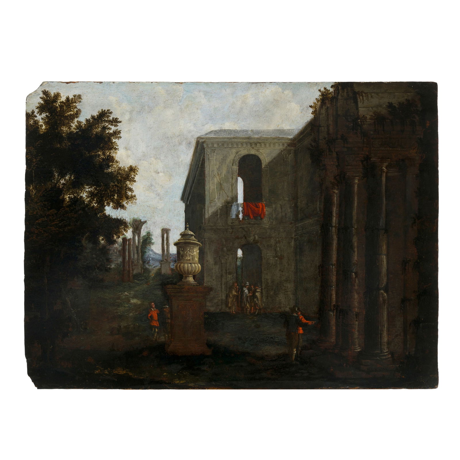 Scuola romana del XVII secolo Personaggi nei pressi di antiche rovine Olio su tela 33,6 x 45,4 cm (1 of 3)