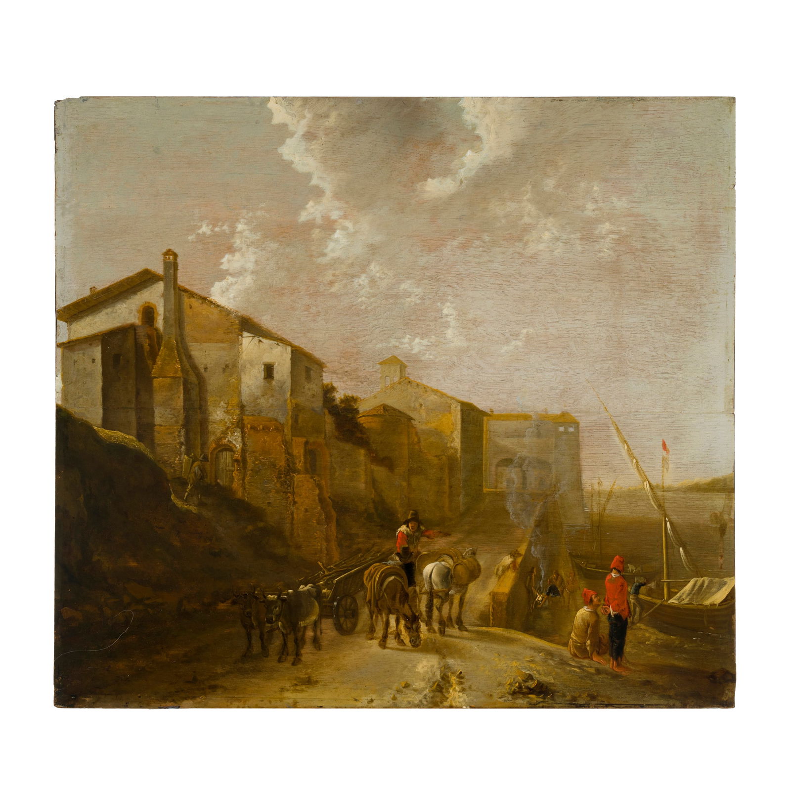 Jan Dirksz Both (Utrecht 1618 - 1652) Porto di Ripa Grande a Roma Olio su tavola 45 x 50 cm Il (1 of 3)