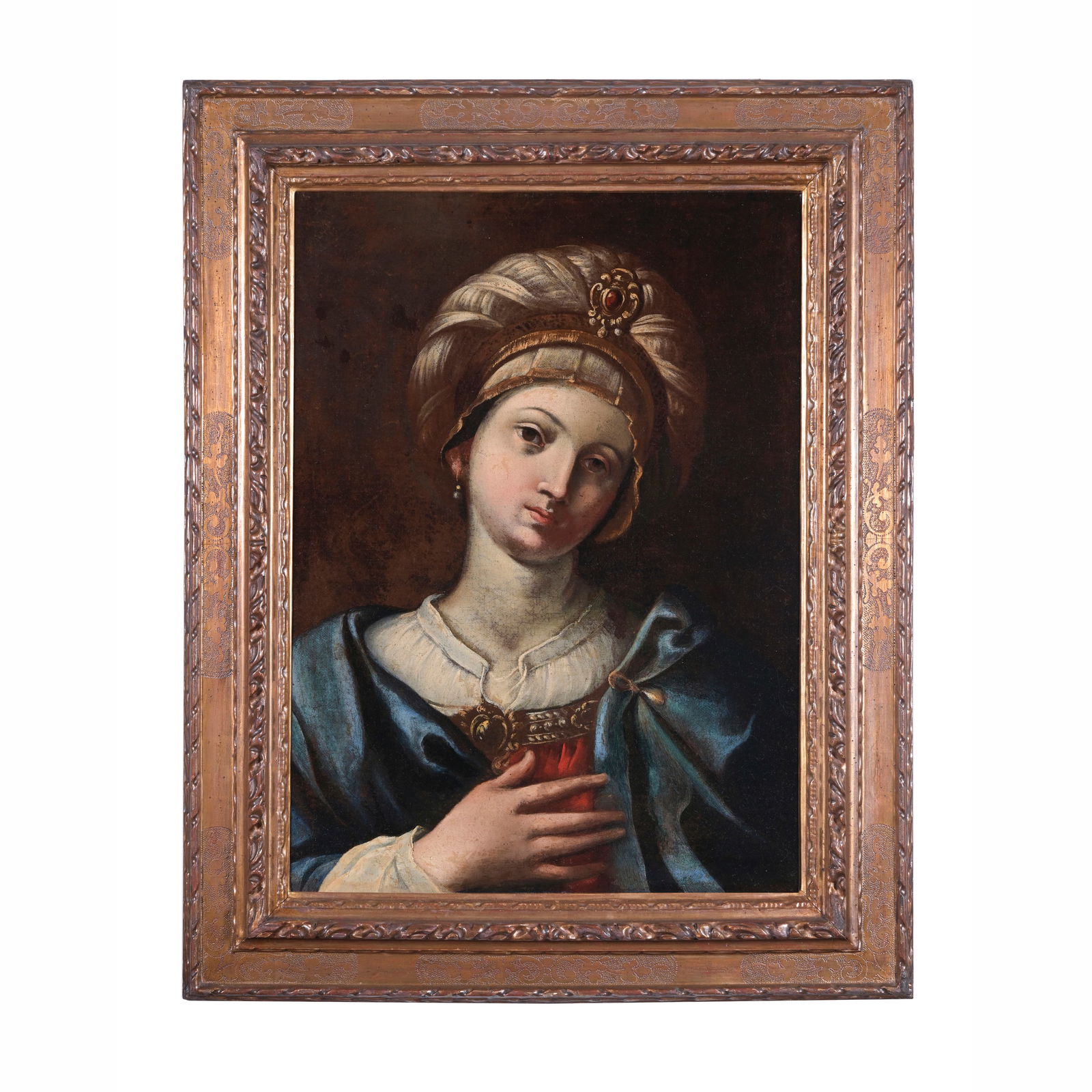 Scuola bolognese del XVII secolo Sibilla Cumana Olio su tela 66 x 50,5 cm L'opera si ispira alla: Scuola bolognese del XVII secolo Sibilla Cumana Olio su tela 66 x 50,5 cm L'opera si ispira alla Salomè di Guido Reni conservata alla Galleria di Palazzo Corsini a Roma. Bolognese school of the 17th